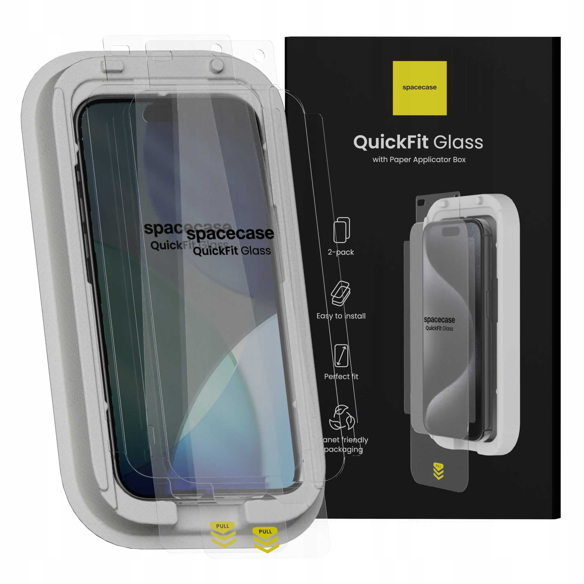 Opakowanie ochraniacza ekranu telefonu. Nazwa produktu to QuickFit Glass. Opakowanie ma telefon i ikony funkcji.