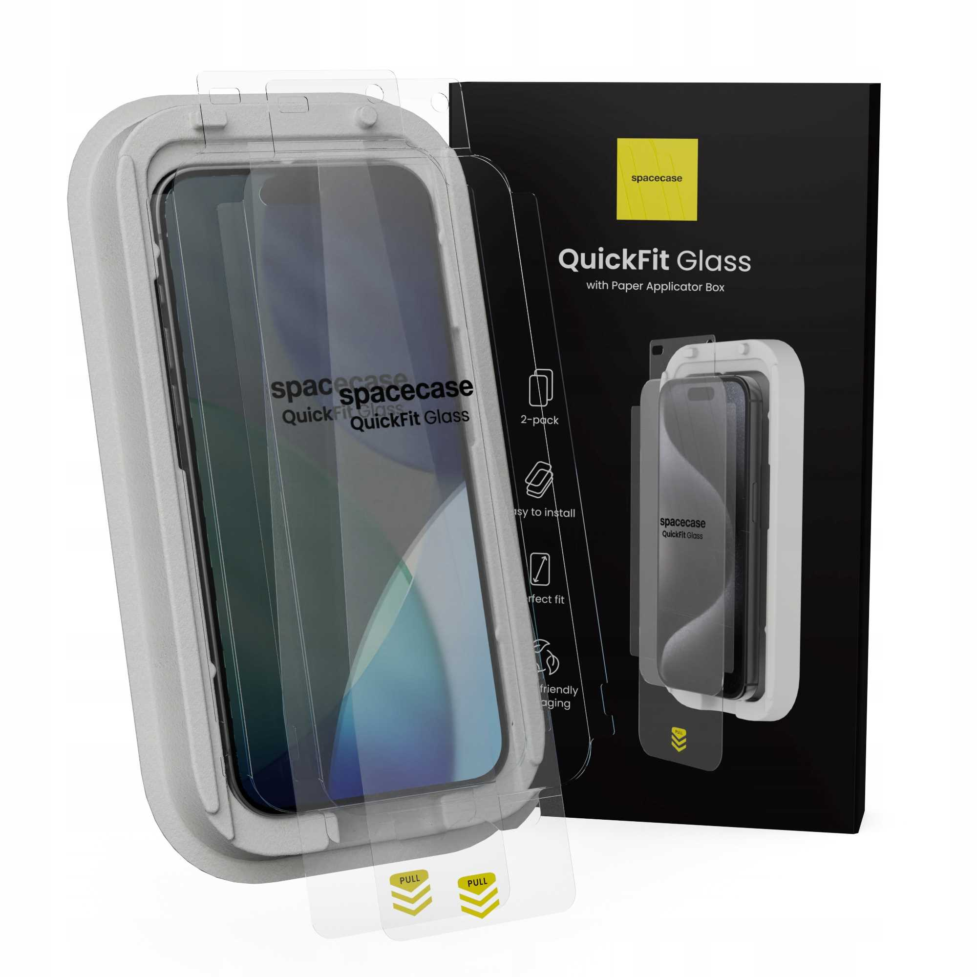 Opakowanie Spacecase QuickFit Glass. Zawiera osłonę ekranu i papierowe pudełko aplikatora.