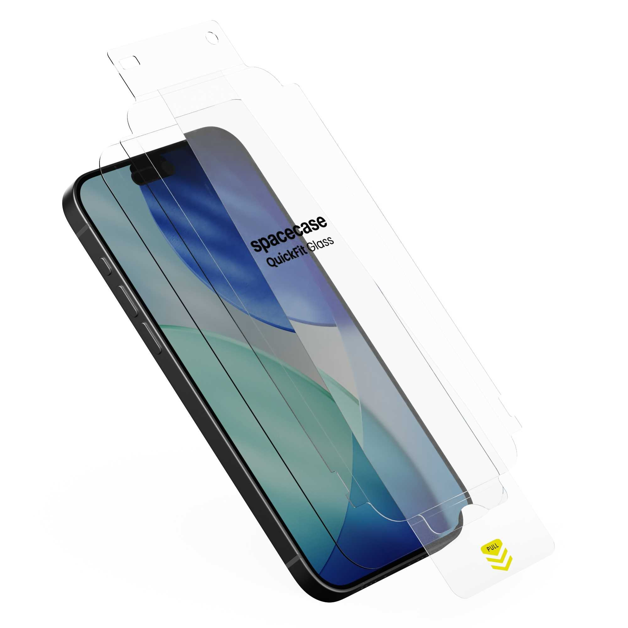 Telefon z ochraniaczem ekranu. Ochraniacz znajduje się w przezroczystym opakowaniu z napisem 'spacecase QuickFit Glass'.