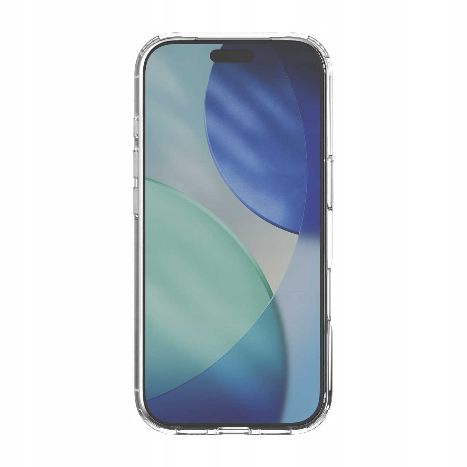 Przezroczyste etui na telefon otacza smartfon. Ekran wyświetla rozmyty obraz z niebieskimi i zielonymi odcieniami.