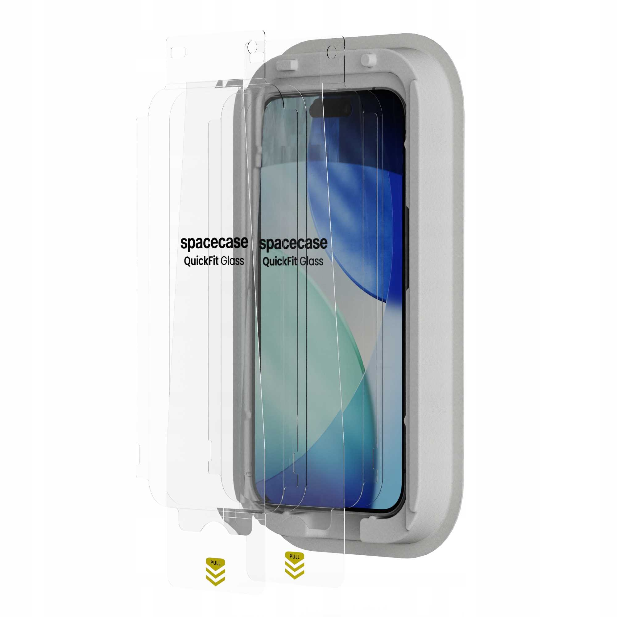 Zestaw ochraniaczy ekranu telefonu. Przezroczyste ochraniacze, szara ramka i widoczny ekran telefonu. Marka: spacecase QuickFit Glass.