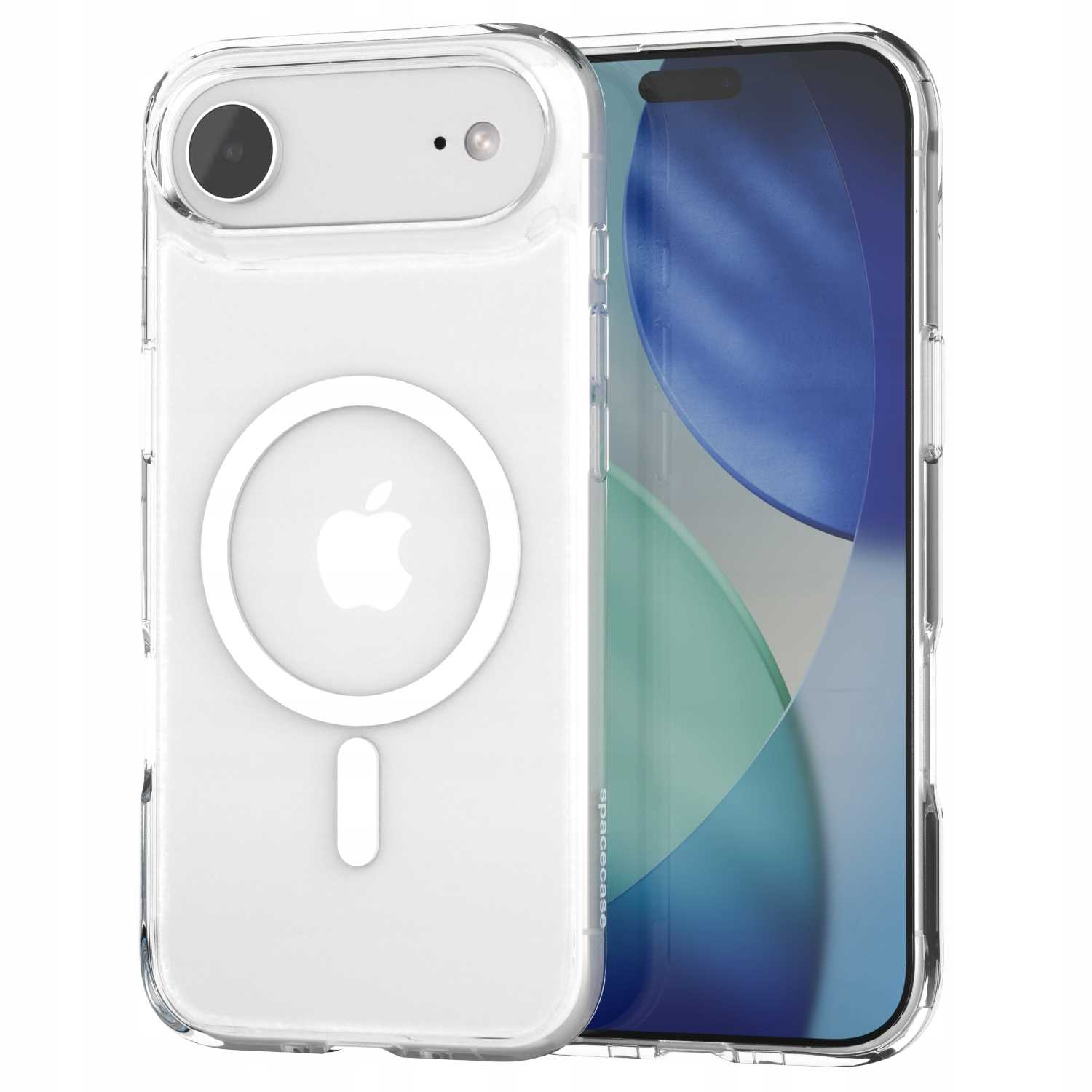 Przezroczyste etui na telefon z logo Apple i telefonem w środku. Etui ma biały pierścień magnetyczny i wycięcie na aparat.