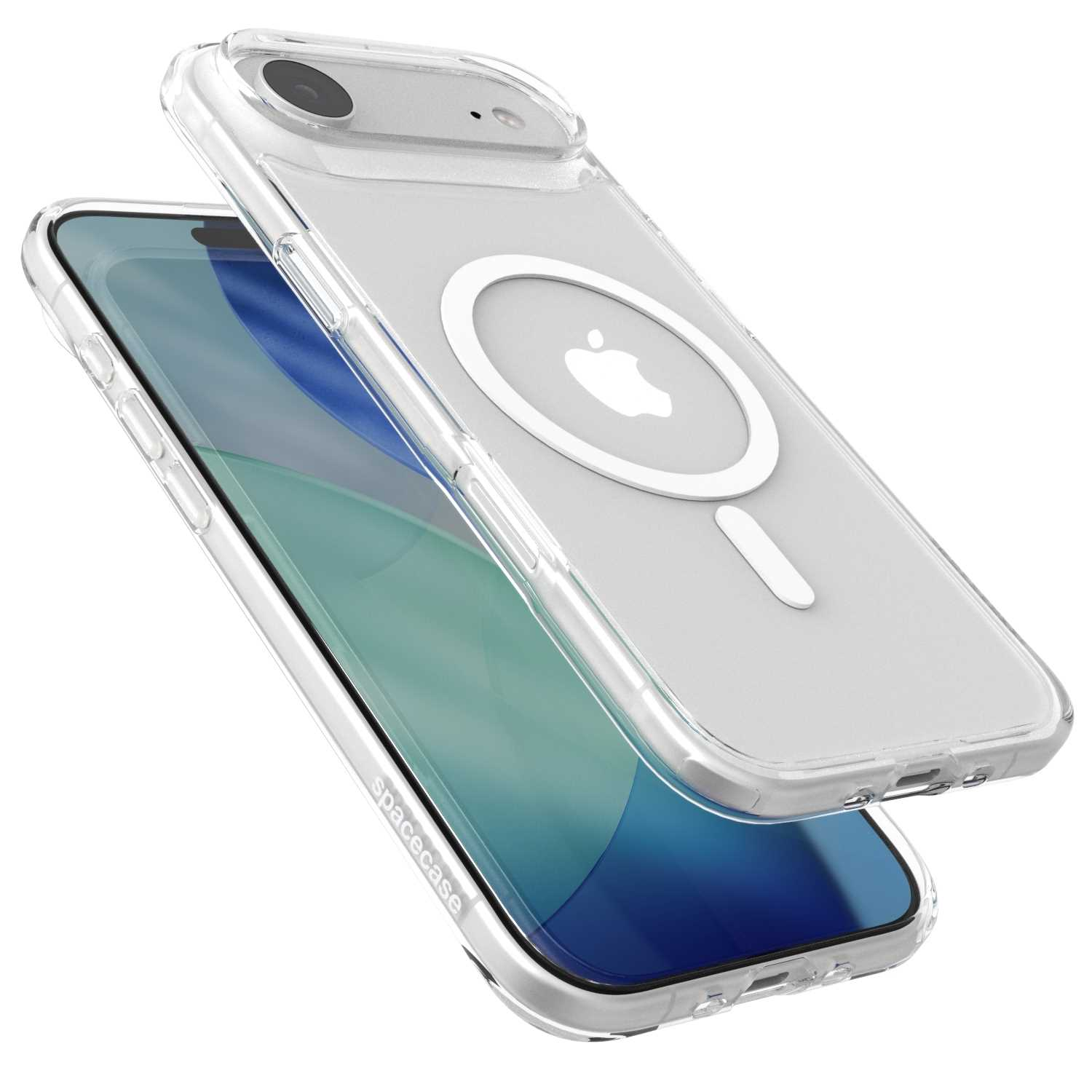 Przezroczyste etui na iPhone z białym logo Apple i okręgiem MagSafe. Ekran wyświetla odcienie niebieskiego i zielonego.