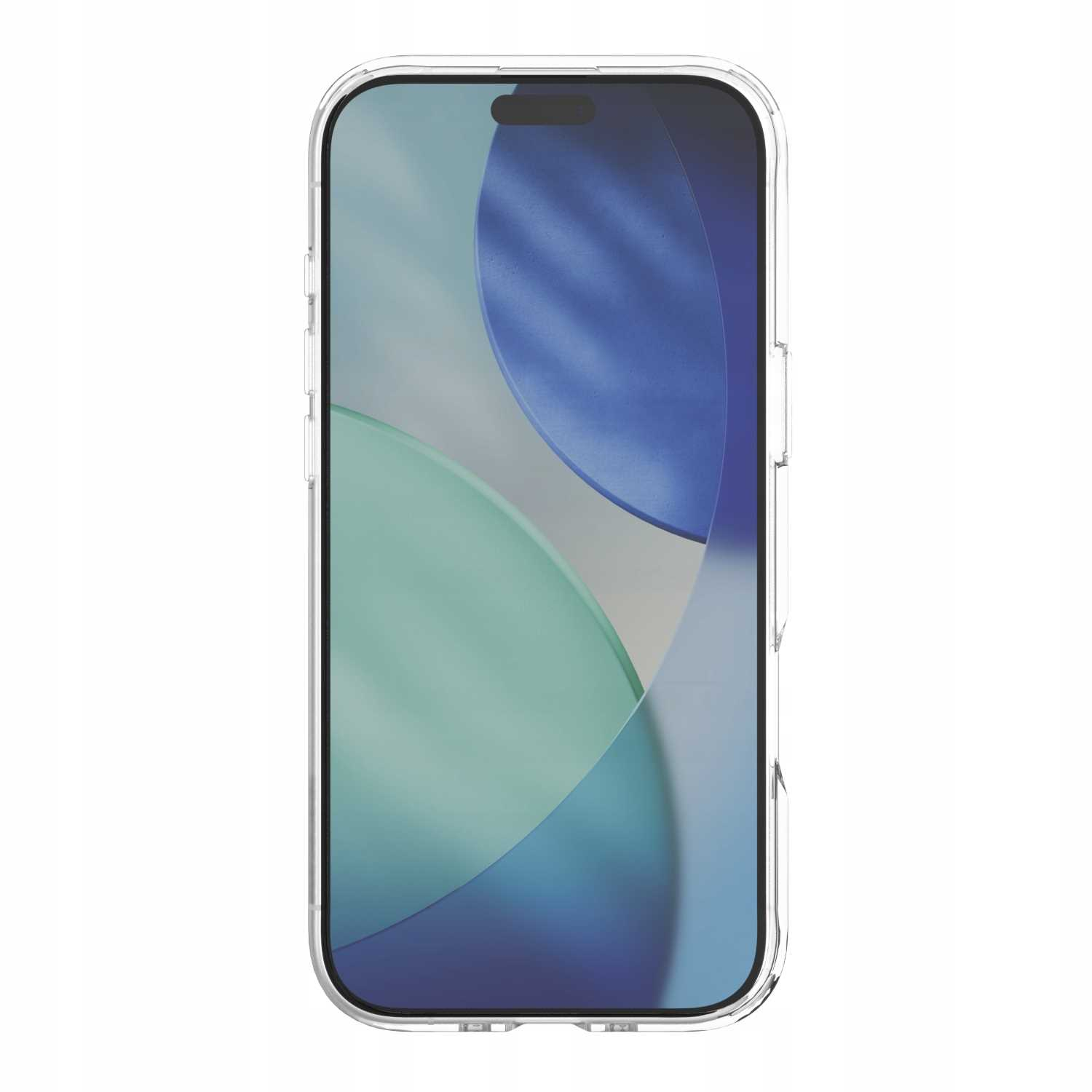 Smartfon w przezroczystym etui. Ekran wyświetla niebieskie i zielone abstrakcyjne kształty. Etui ma przezroczystą ramkę.