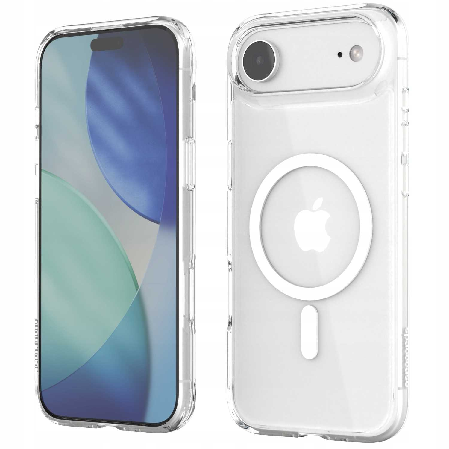 Dwa przezroczyste etui na telefon, jedno z telefonem w środku. Oba pokazują szczegóły telefonu, w tym aparat i ekran.