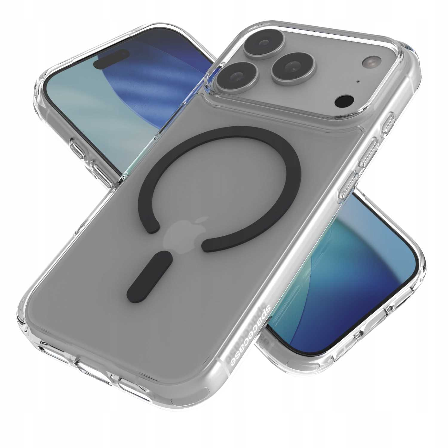 Przezroczyste etui na telefon z czarnym pierścieniem magnetycznym i logo Apple, na dwóch iPhone'ach. Tło jest białe.