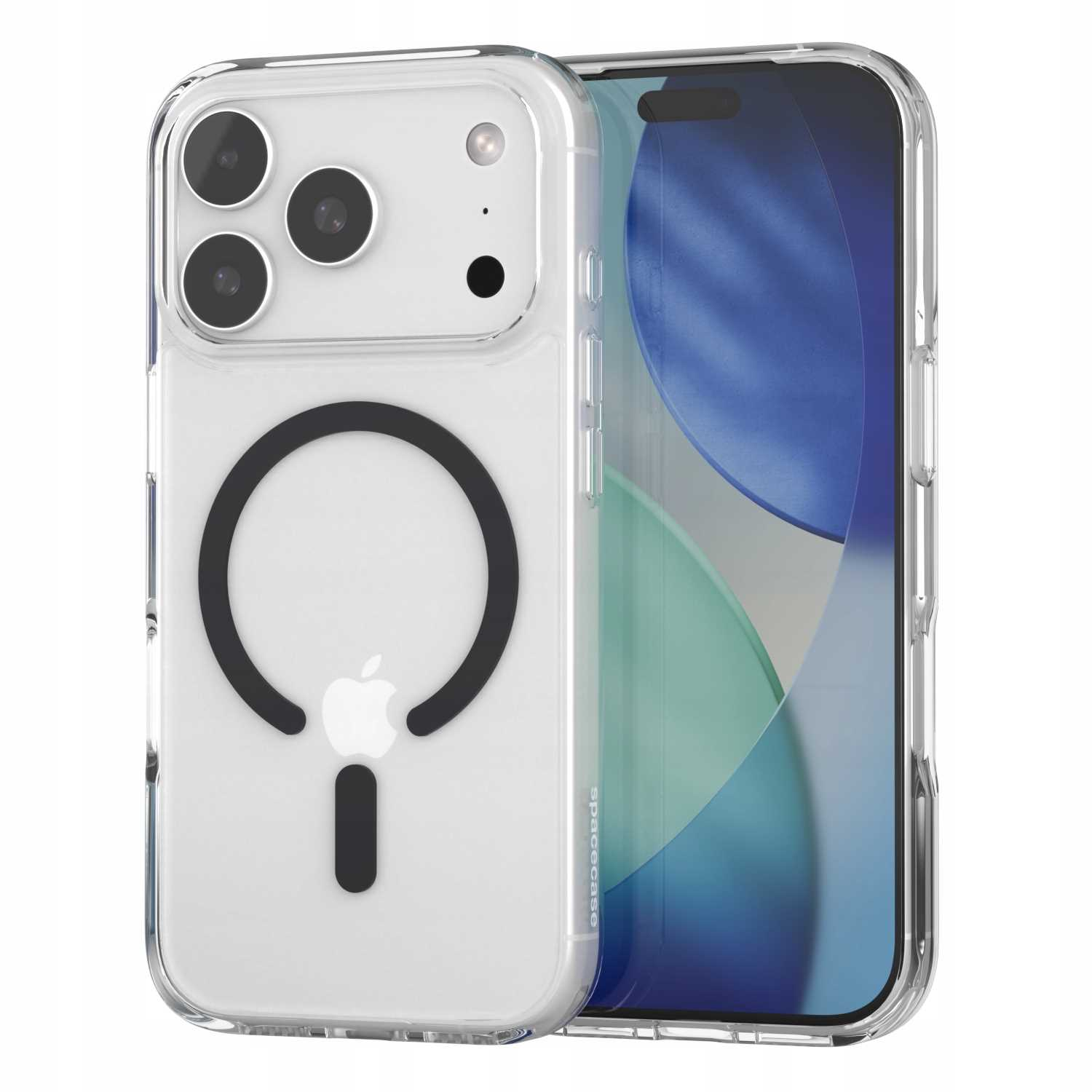 Przezroczyste etui na telefon z czarnym okręgiem magnetycznym i logo Apple. W środku znajduje się telefon. Etui ma przezroczysty zderzak.