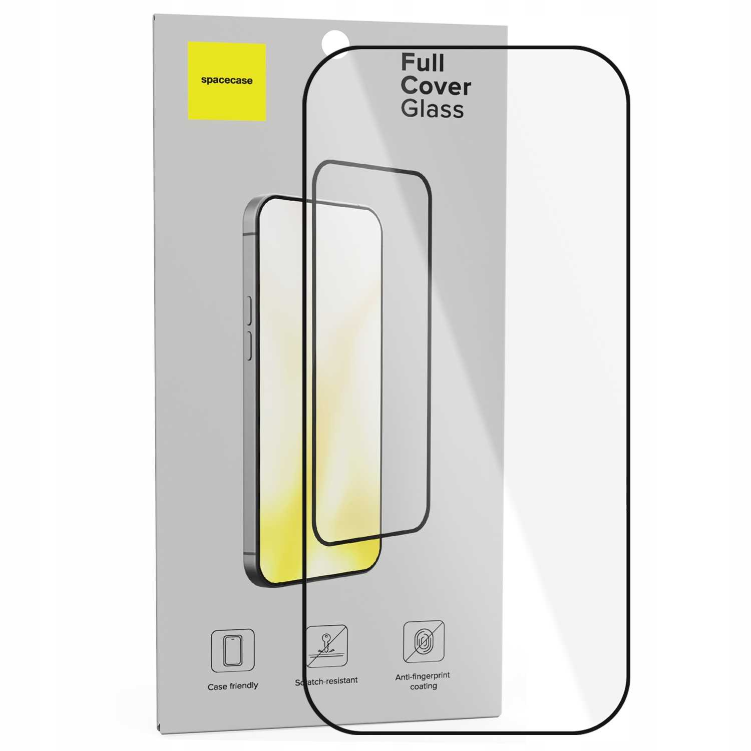 Pudełko na osłonę ekranu telefonu, z pokazaną osłoną. Zawiera 'Full Cover Glass', 'Case friendly' i 'Powłoka zapobiegająca odciskom palców'.