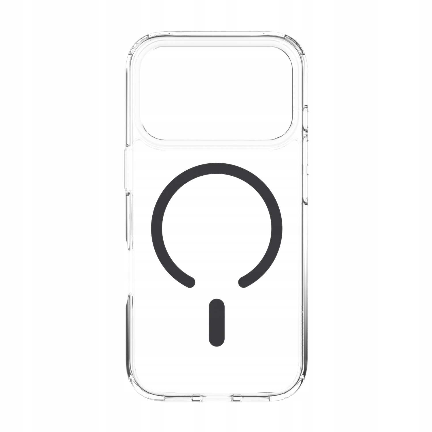 Przezroczyste etui na telefon z czarnym wzorem MagSafe. Etui ma prostokątne wycięcie na aparat i okrągły wzór pośrodku.