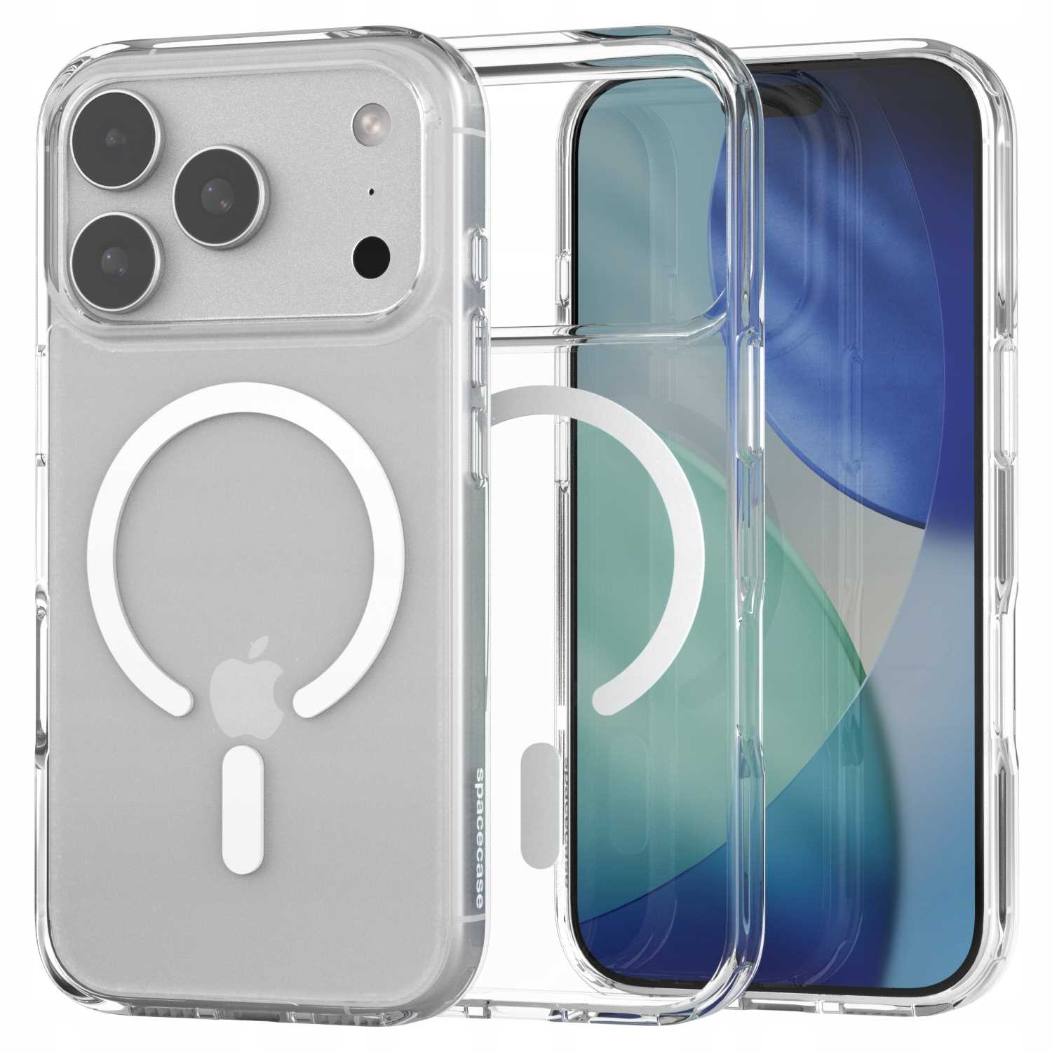 Przezroczyste etui na telefon z logo Apple. Etui pokazuje aparat i ekran telefonu, z przezroczystym tyłem i bokami.