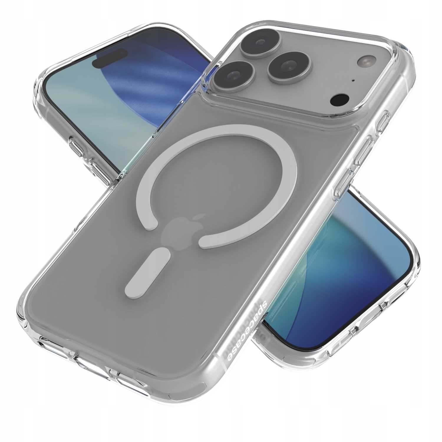 Przezroczyste etui na telefon z magnetycznym pierścieniem i logo Spacecase. Widać dwa iPhone'y, jeden w etui, drugi za nim.