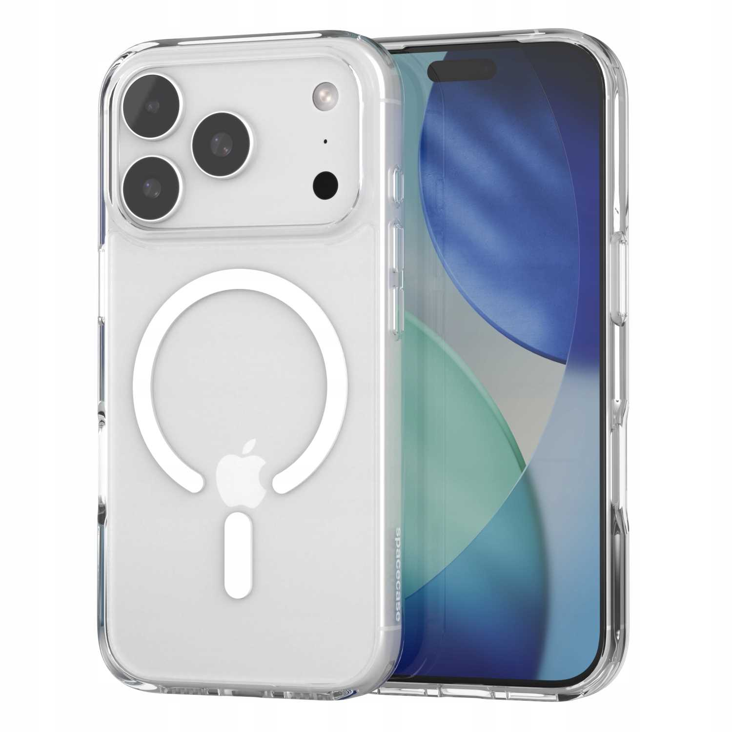 Przezroczyste etui na telefon z iPhonem w środku. Etui ma pierścień magnetyczny i logo. Ekran wyświetla niebiesko-zielone tło.