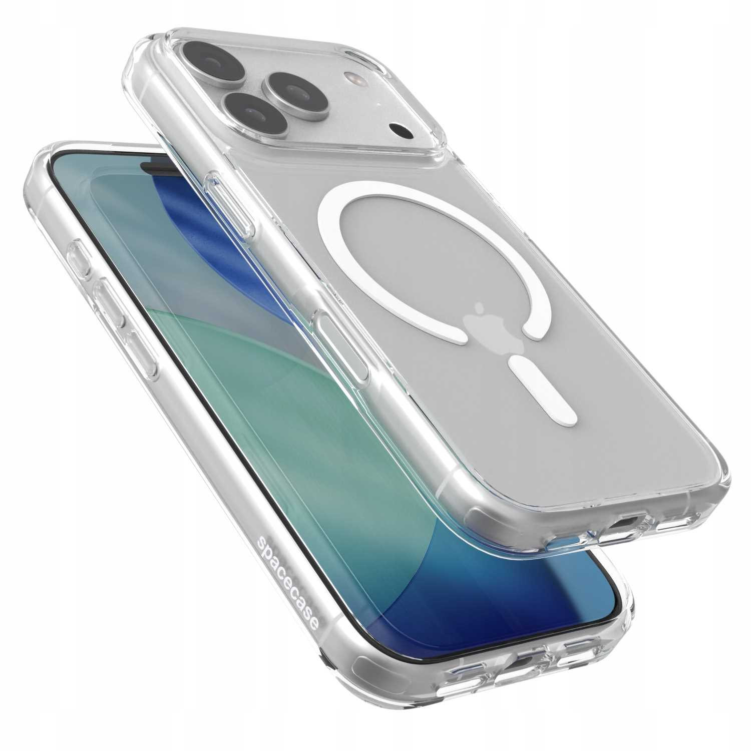 Przezroczyste etui na telefon. Jedno etui na drugim. Widoczny ekran, na etui nazwa marki spacecase.