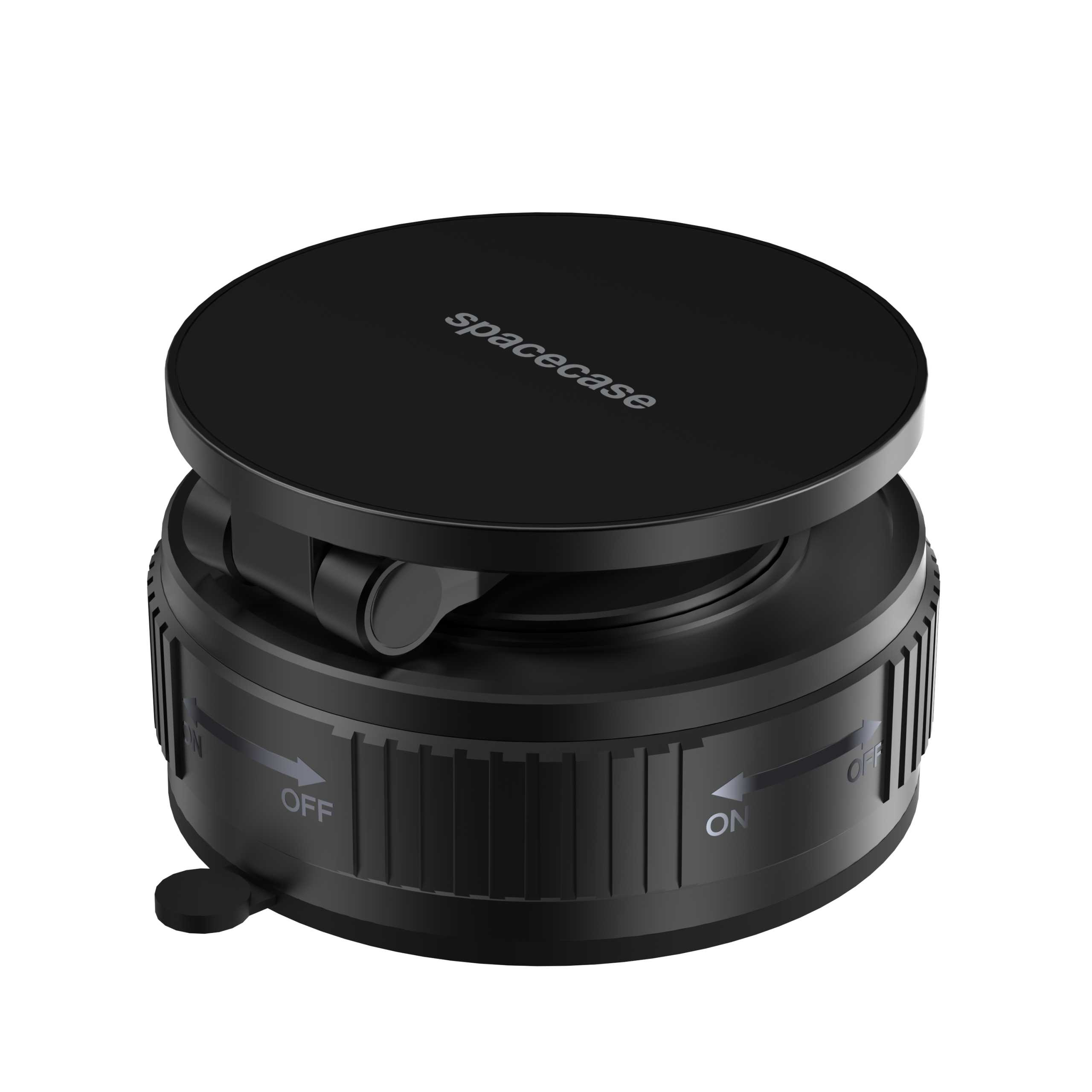 Czarne urządzenie Spacecase. Ma obrotową górę z napisem 'spacecase' i oznaczeniami 'on/off' z boku.