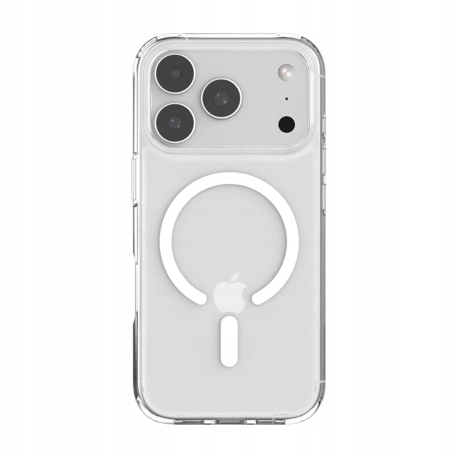 Przezroczyste etui na telefon z trzema obiektywami, lampą błyskową i białym pierścieniem MagSafe. Widoczne logo Apple i ikona portu ładowania.