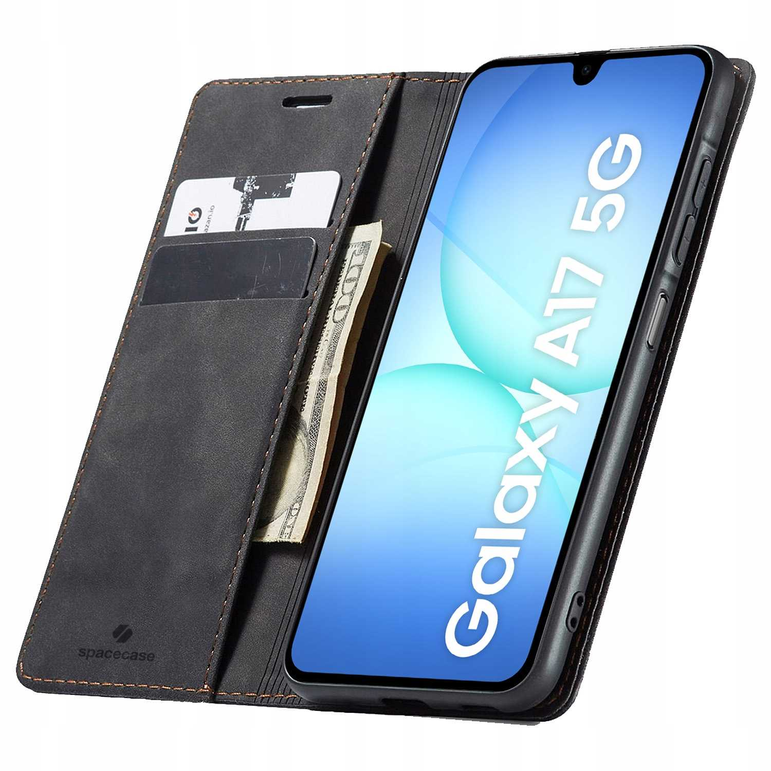 Czarne etui na telefon ze smartfonem. Telefon wyświetla 'Galaxy A17 5G'. Etui zawiera kartę i banknot dolara.