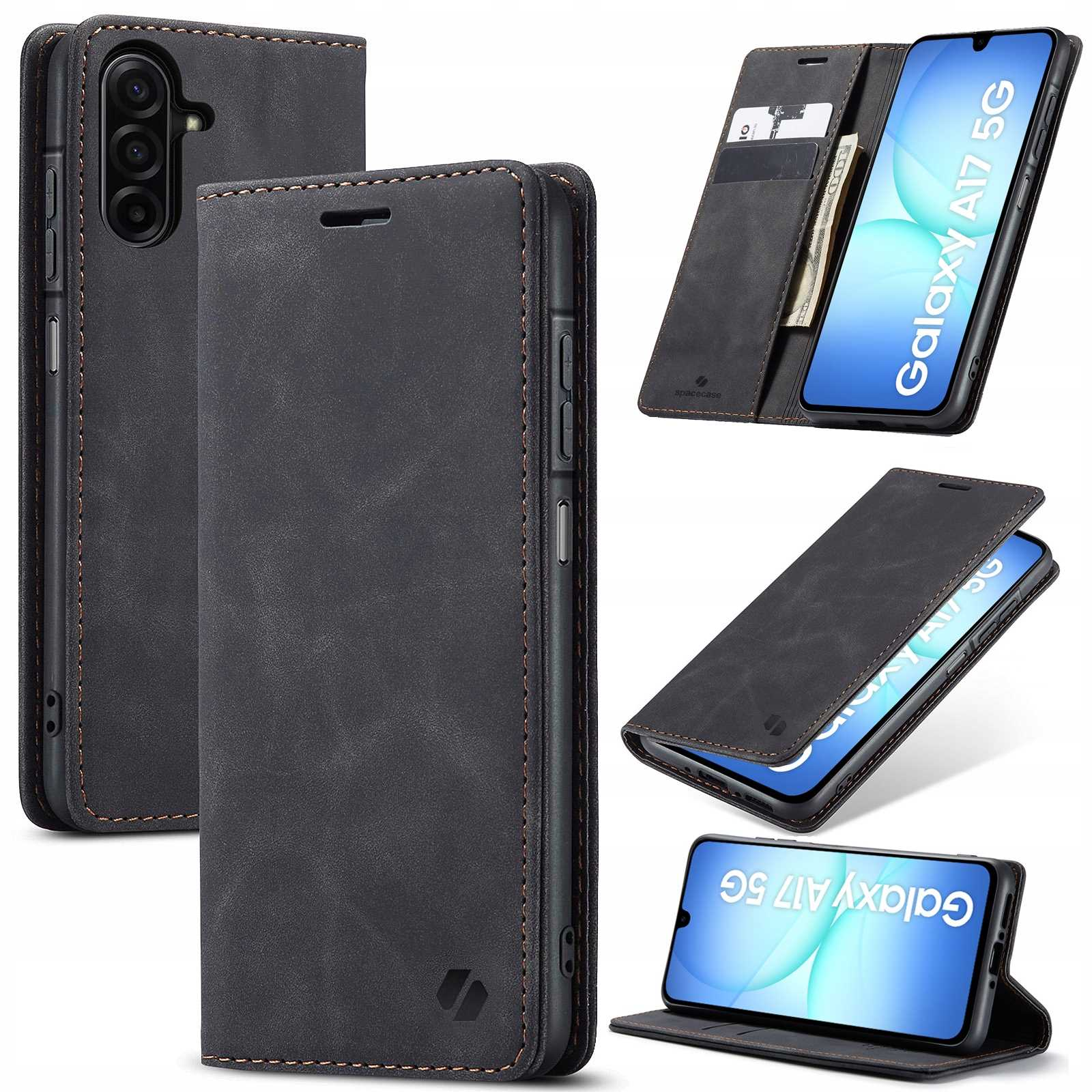 Czarne etui na telefon Samsung Galaxy A17 5G. Posiada przegródki na karty i brązowe szwy. Różne widoki.