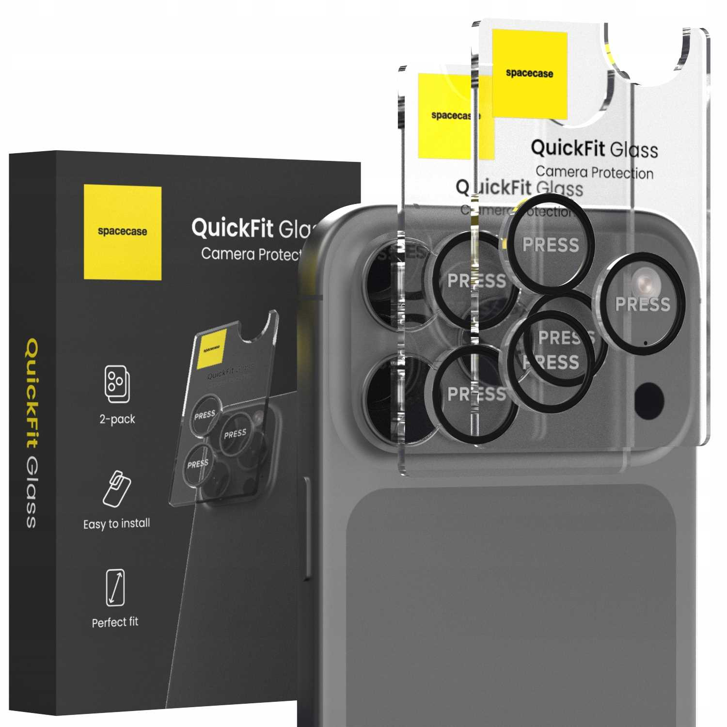 Pudełko produktu i telefon z ochraniaczami obiektywu aparatu. Pudełko jest czarne, a ochraniacze przezroczyste, z tekstem i logo.