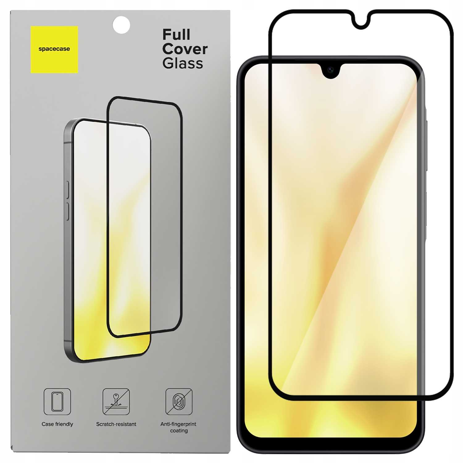 Pudełko z osłoną ekranu telefonu i telefon z ochroną. Na pudełku napis 'Full Cover Glass'. Telefon widoczny.