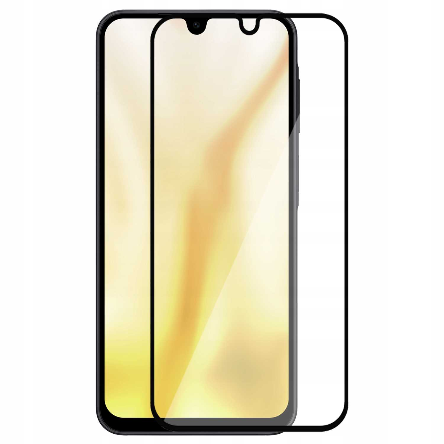 Smartfon z ochraniaczem ekranu. Telefon jest czarny, ochraniacz przezroczysty. Tło jest białe.