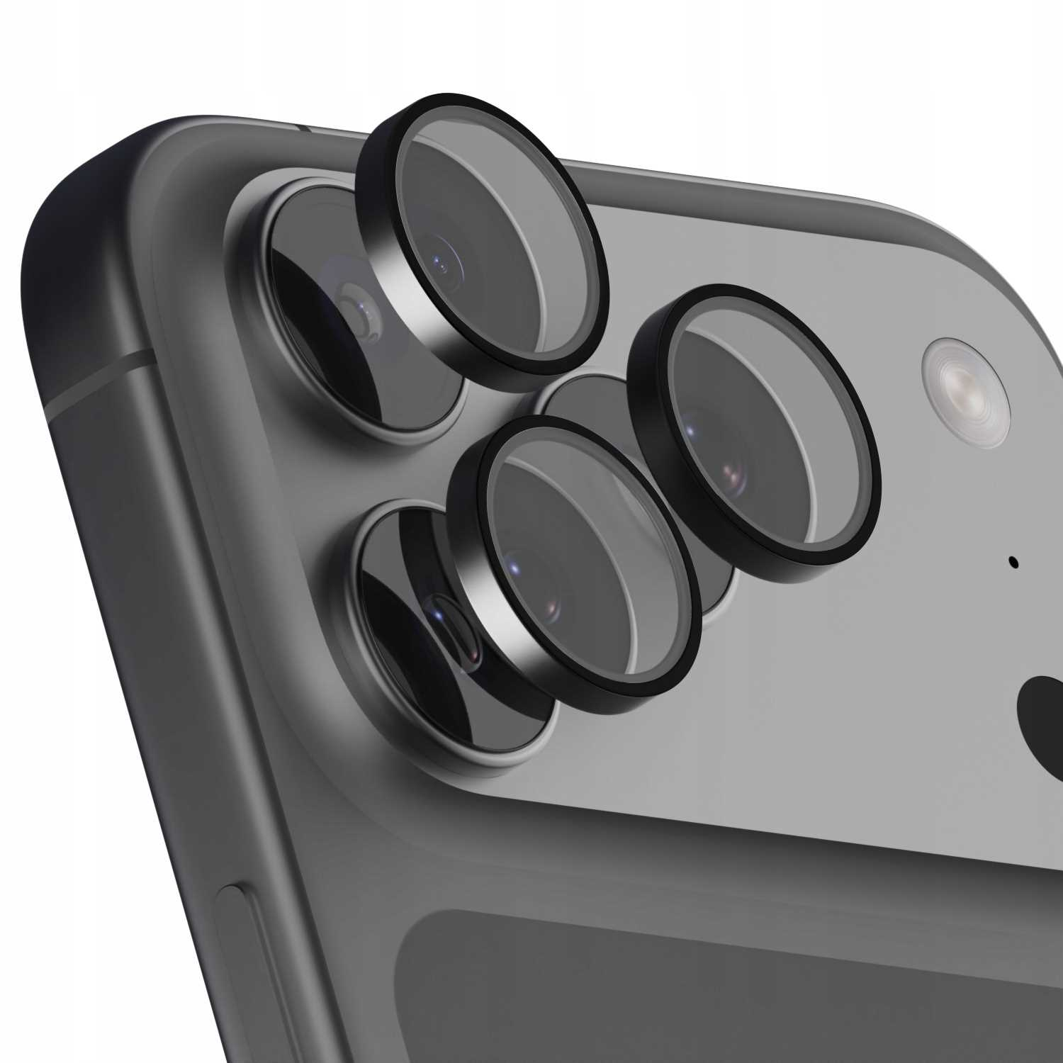 Zbliżenie na tył szarego smartfona z obiektywami aparatu i osłonami obiektywów. Osłony mają czarne obramowania i częściowo zakrywają obiektywy.