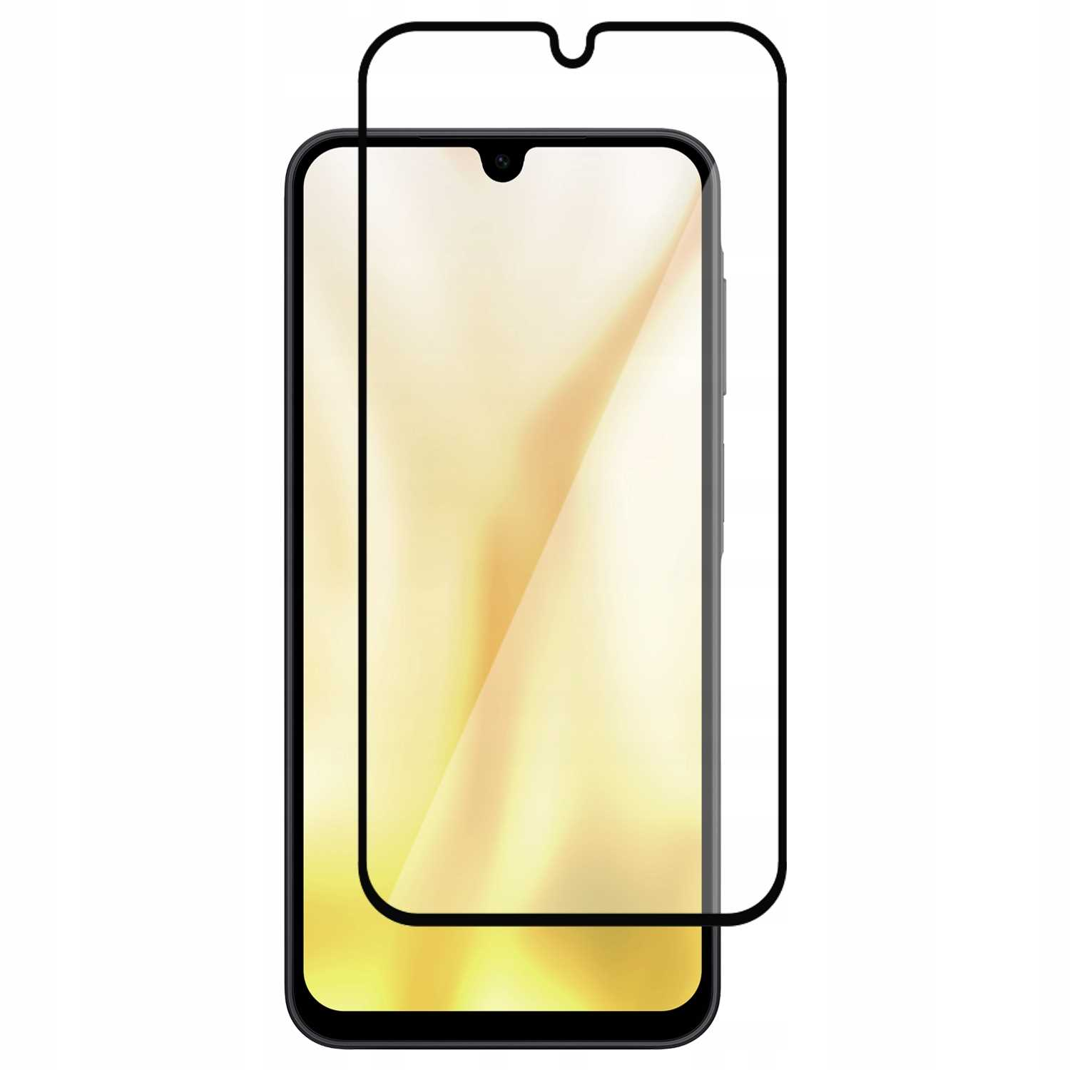 Smartfon z ochroną ekranu. Telefon jest czarny ze złotym ekranem. Ochrona jest czarna z wycięciem na przedni aparat.