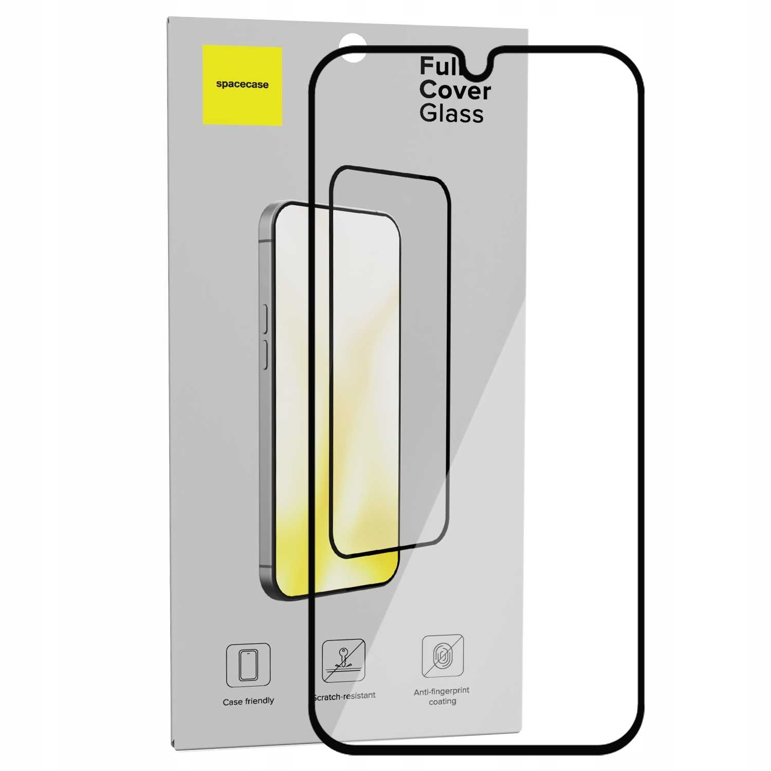 Pudełko na ochronę ekranu telefonu, z obrysem telefonu i tekstem 'Full Cover Glass'. Marka to 'spacecase'.