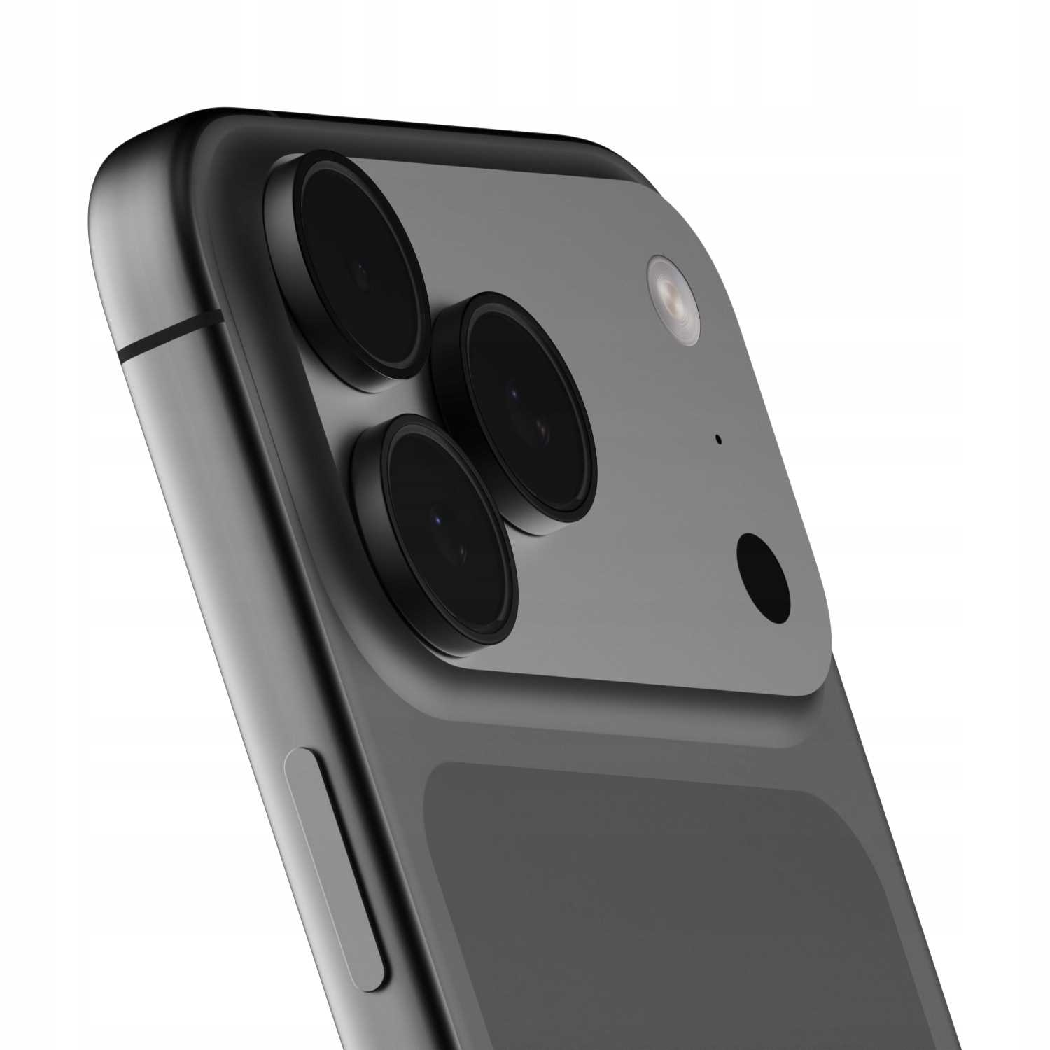 Zbliżenie tyłu ciemnoszarego smartfona. U góry trzy obiektywy aparatu, lampa błyskowa i mikrofon.