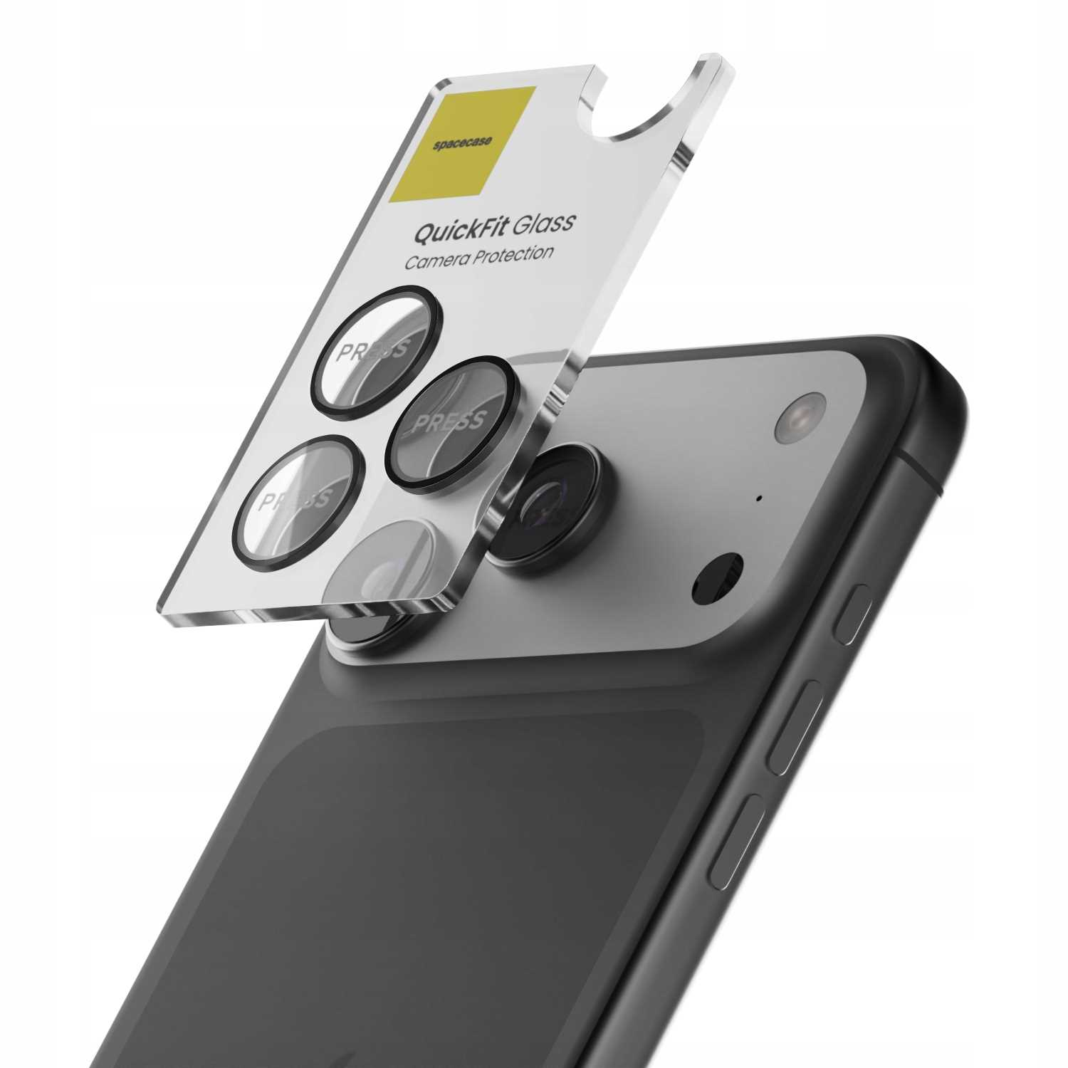 Telefon z ochraniaczem ekranu. Ochraniacz ma wycięcia na obiektywy aparatu i słowo PRESS. Telefon jest szary i czarny.