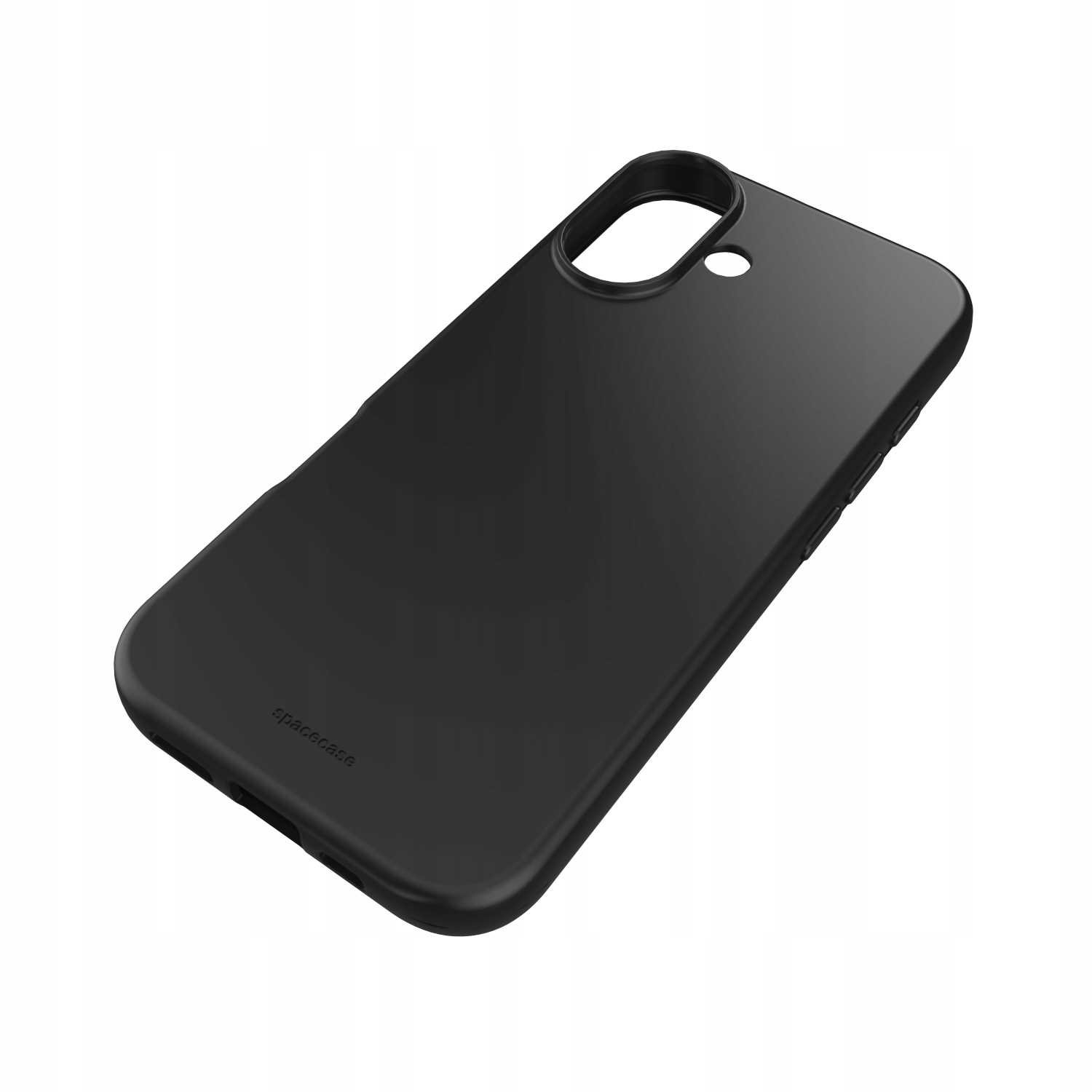 Czarny futerał na telefon o zaokrąglonych krawędziach. Etui ma otwór na aparat i napis 'spacecase'.