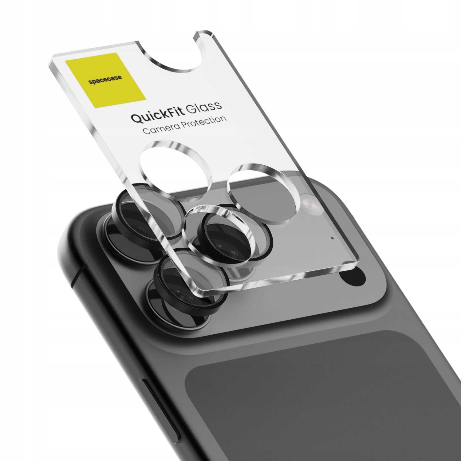 Telefon z przezroczystą osłoną ekranu z napisem 'QuickFit Glass Camera Protection'. Ochrona znajduje się nad obiektywami aparatu telefonu.