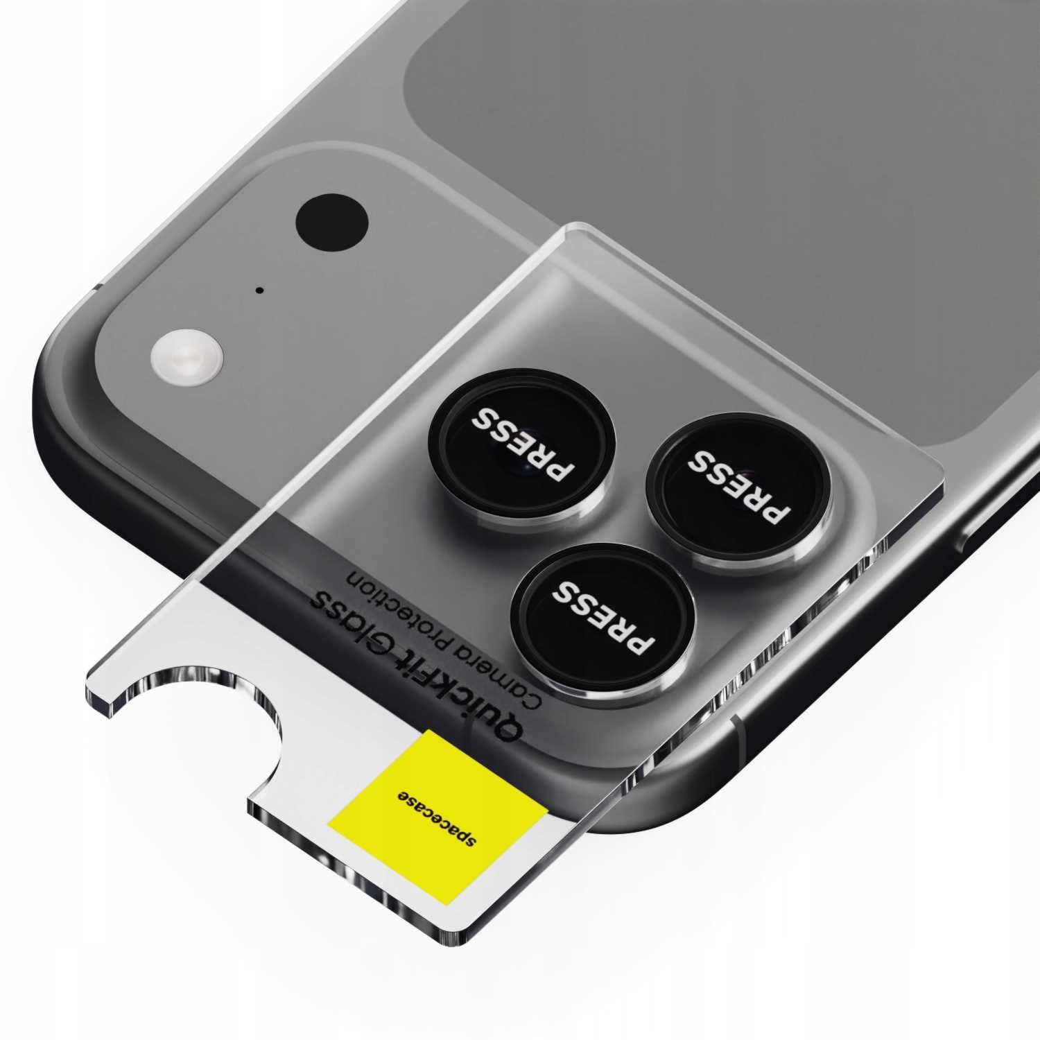 Telefon z osłonami obiektywu aparatu. Osłony mają etykiety 'PRESS', żółty kwadrat i logo 'Quickfit Glass'.