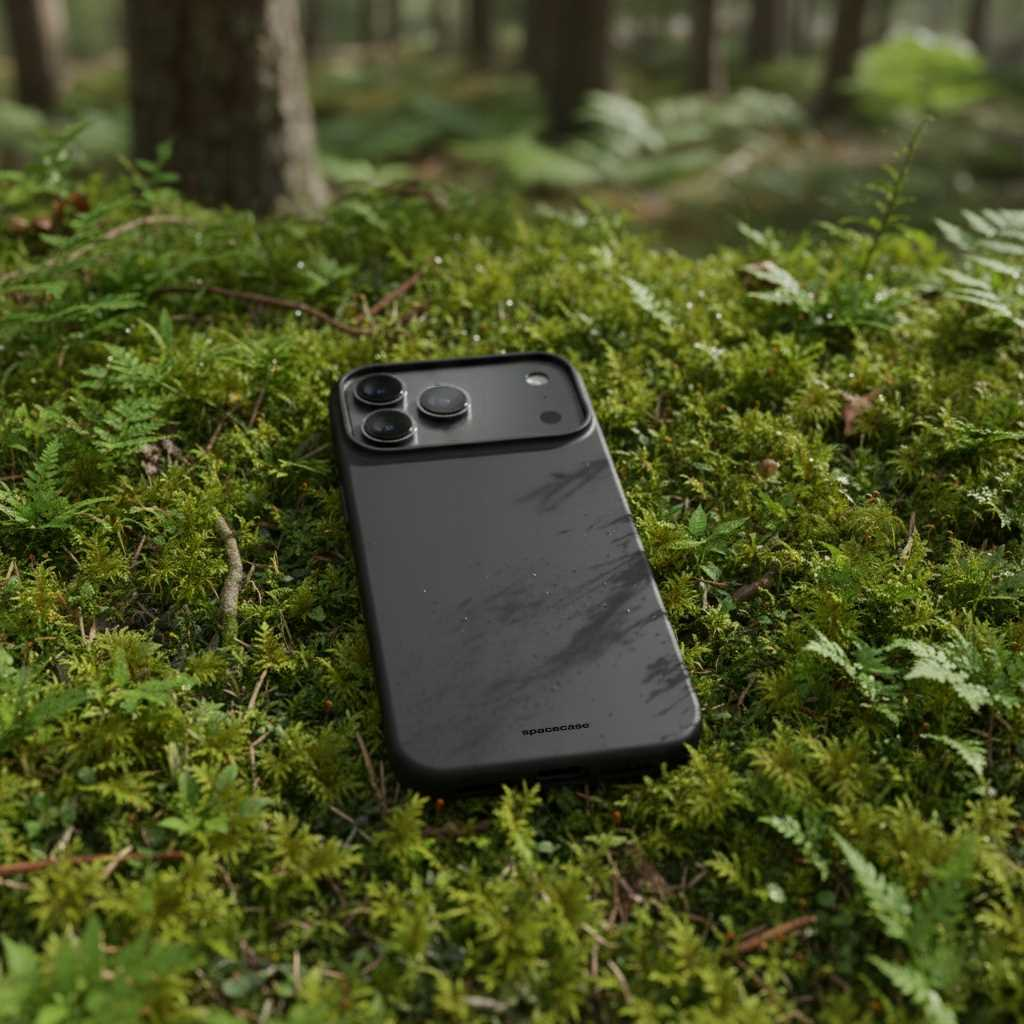 Czarny telefon leży na zielonym mchu z paprociami w lesie. Telefon ma trzy aparaty. Tło pokazuje rozmyte drzewa.