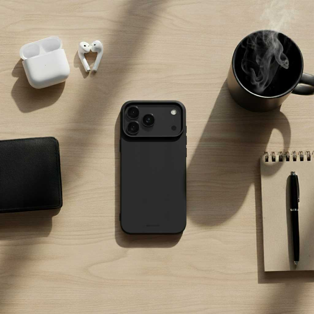 Czarny telefon, AirPods, portfel, filiżanka parującej kawy, notatnik i długopis na drewnianej powierzchni.