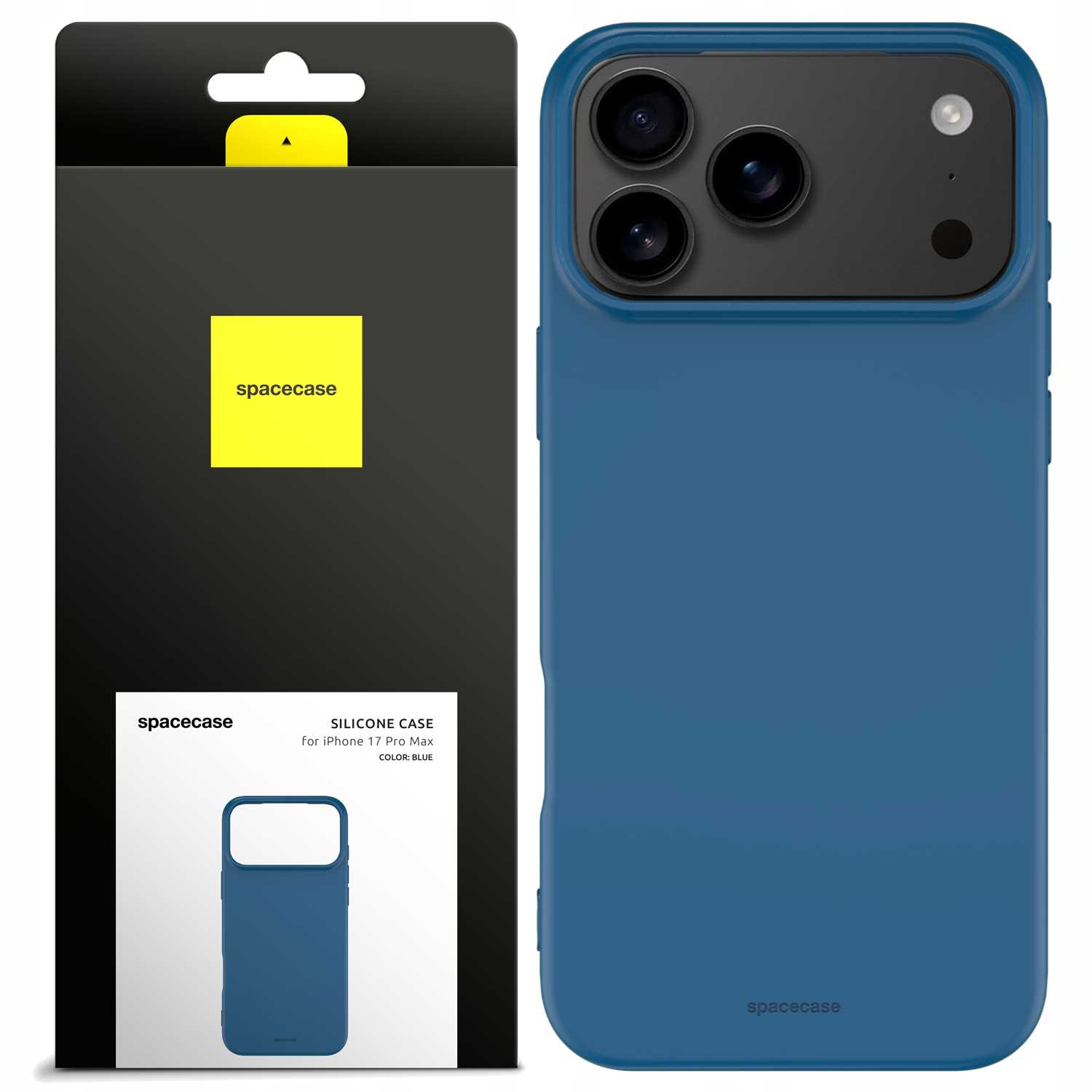 Niebieskie silikonowe etui na iPhone 17 Pro Max. Opakowanie pokazuje etui i żółtą etykietę spacecase. Etui na telefon po prawej.