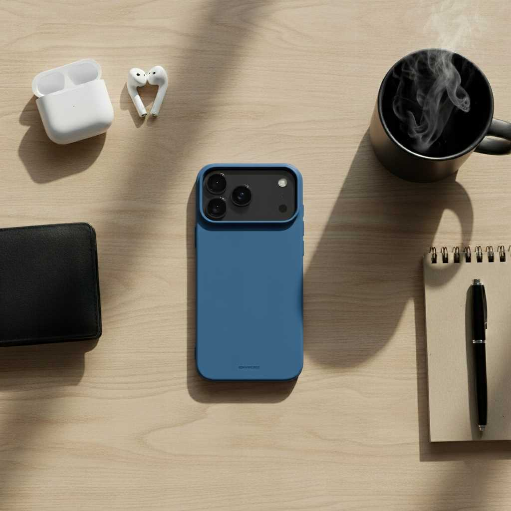 Niebieskie etui na telefon, czarny kubek z parą, AirPods, notatnik z długopisem i czarny portfel na drewnianej powierzchni.