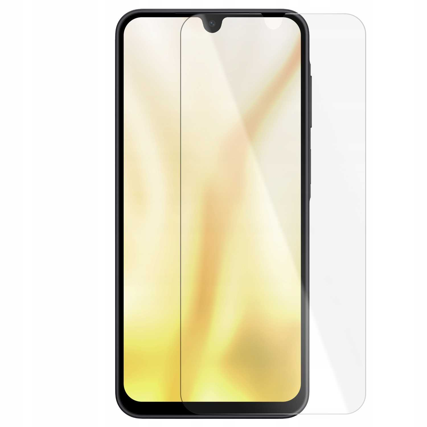 Smartfon z nałożonym ochraniaczem ekranu. Telefon jest czarny, z ekranem pokazującym żółty gradient. Na górze jest przezroczysty ochraniacz.