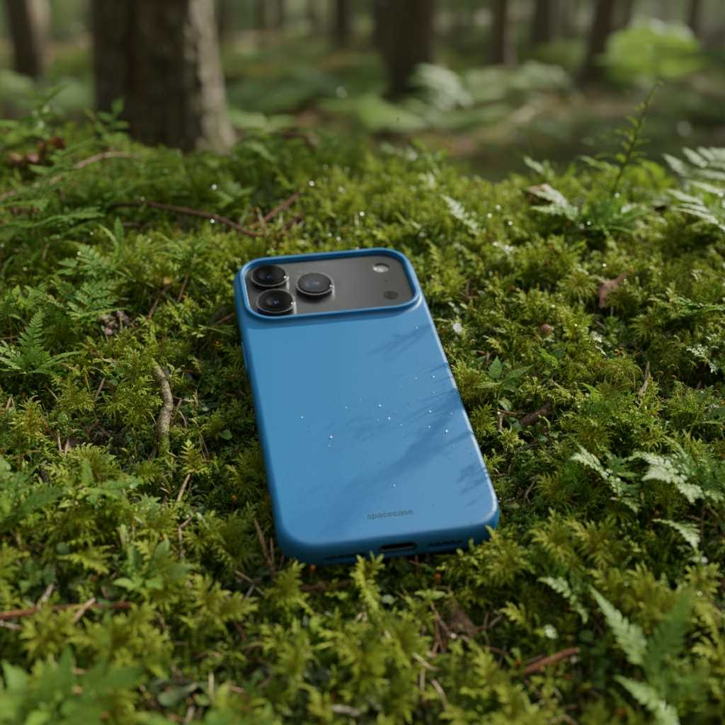Niebieski smartfon leży na zielonym mchu w lesie. Telefon ma czarny moduł aparatu i markę 'spacecase'.