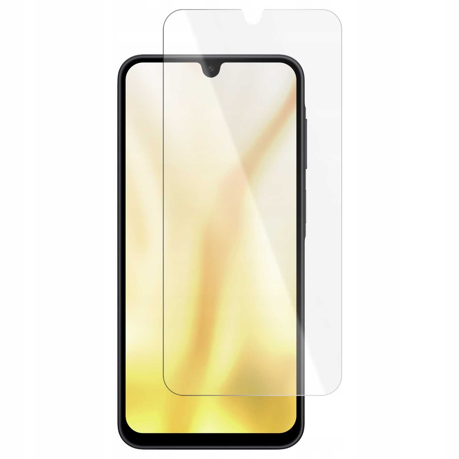 Smartfon z ochraniaczem ekranu. Telefon jest czarny, ochraniacz przezroczysty. Tło jest białe.