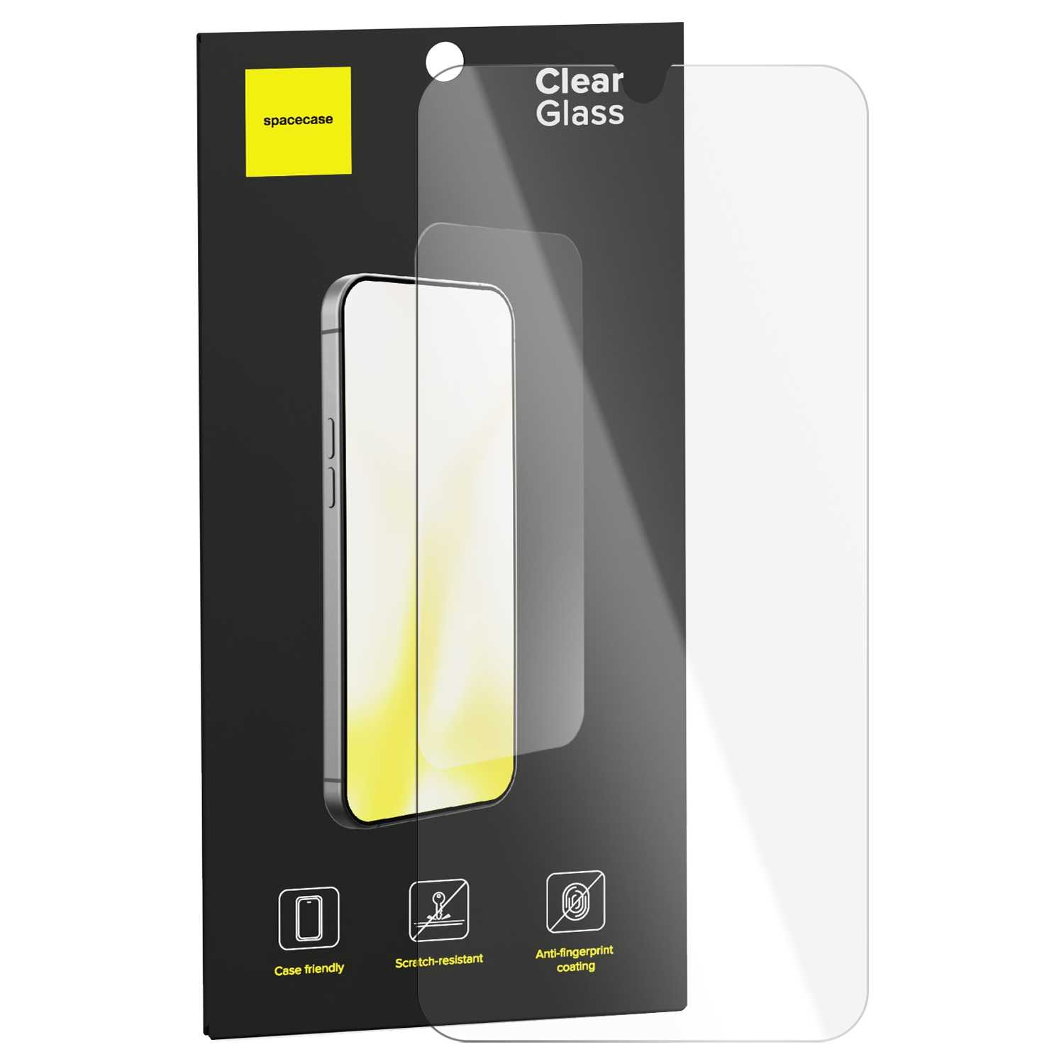 Opakowanie folii ochronnej na ekran telefonu. Ma obraz telefonu, markę 'spacecase' i ikony funkcji, jak odporność na zarysowania.