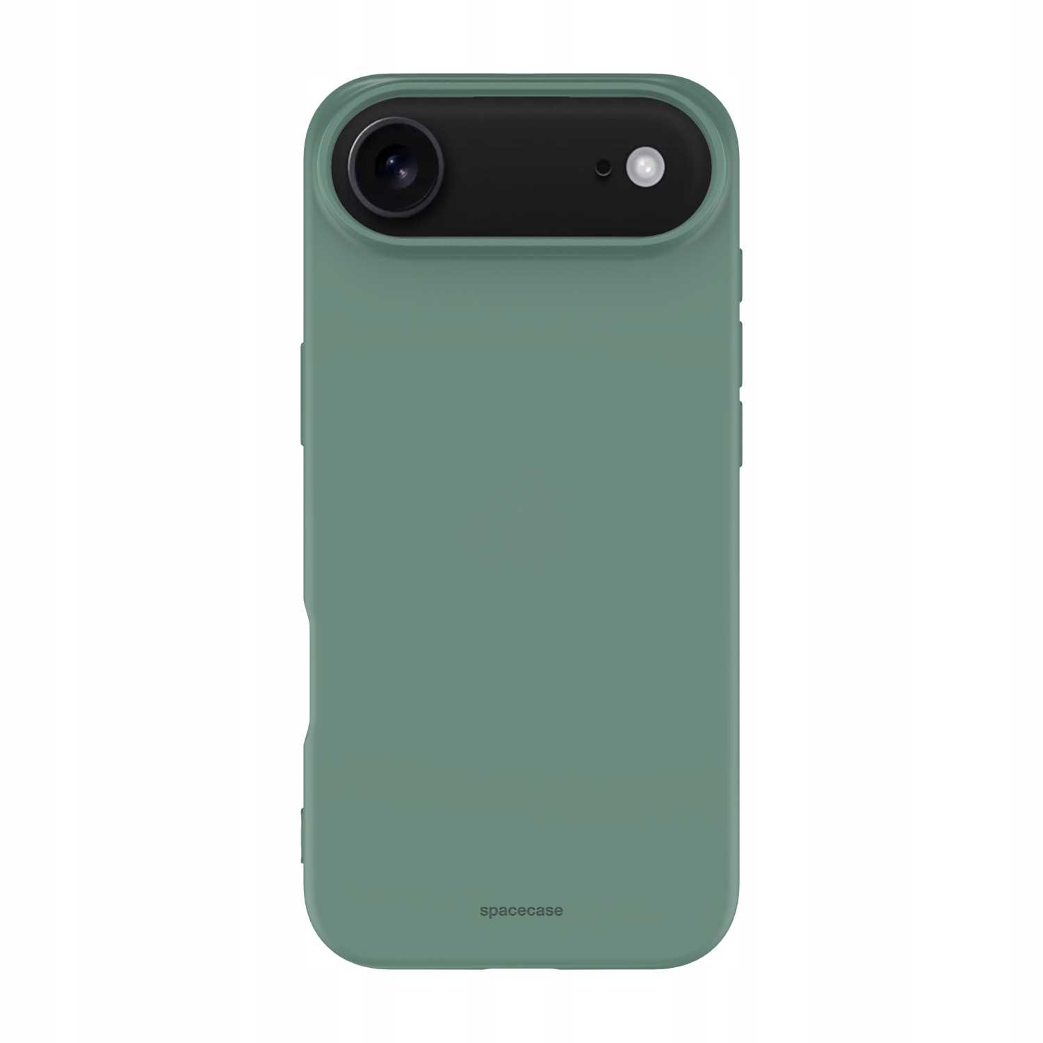 Zielone etui na telefon z czarnym obszarem aparatu. Nazwa marki 'spacecase' jest na dole. Etui jest na białym tle.
