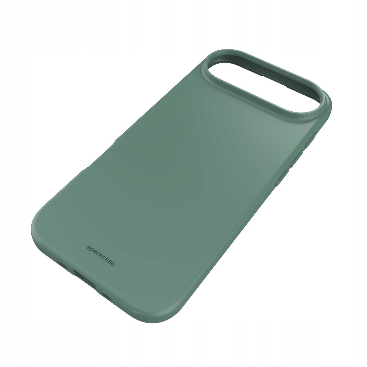 Turkusowe etui na telefon. Etui jest gładkie i zaokrąglone, z nadrukiem "spacecase". Tło jest białe.