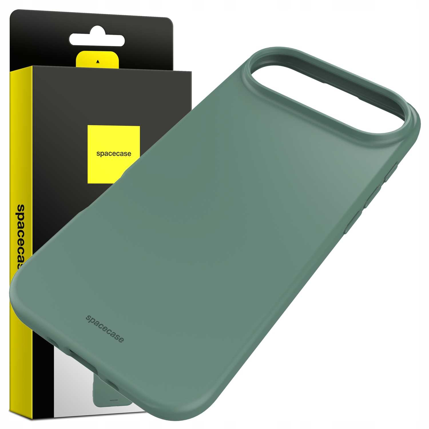 Zielone etui na telefon i jego czarne opakowanie. Opakowanie ma żółty pasek z napisem 'spacecase'.