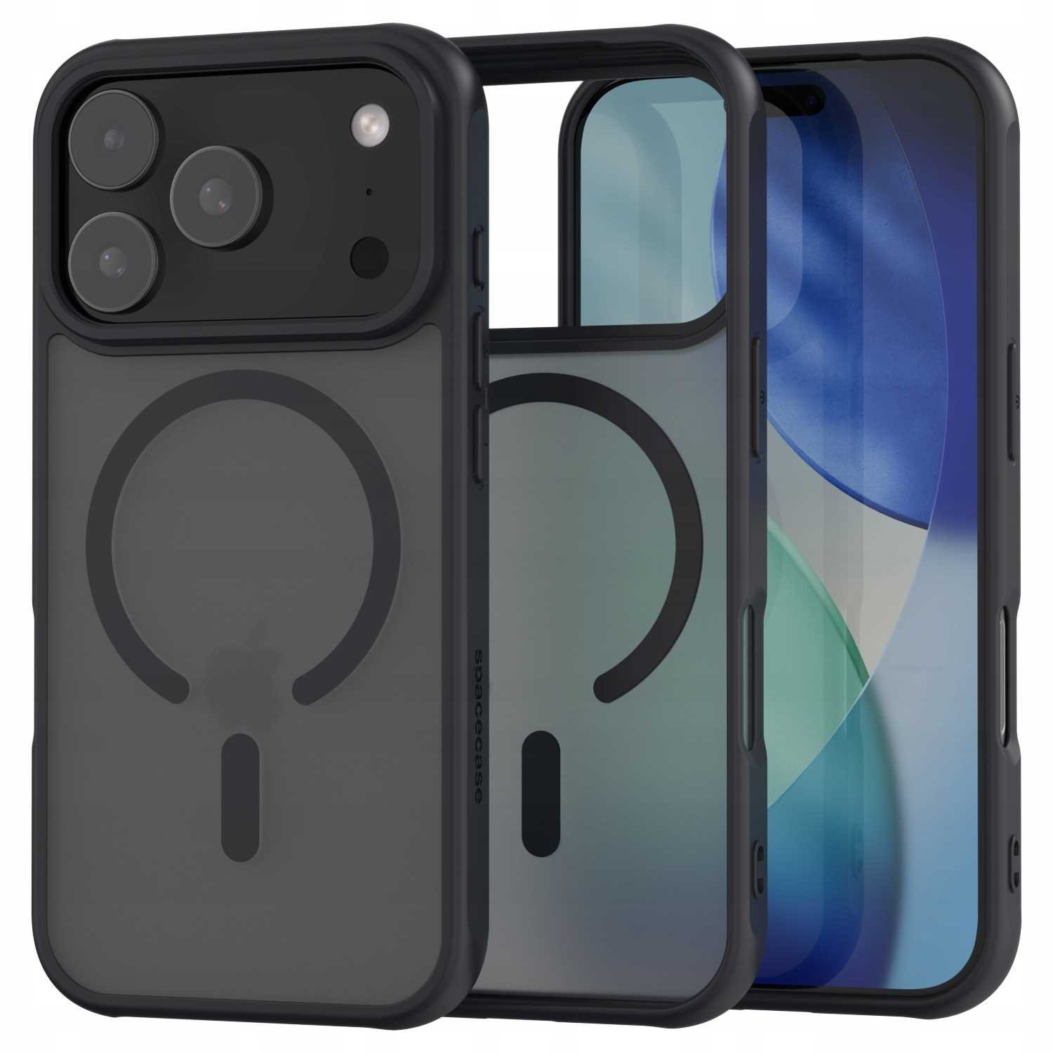 Czarne etui na telefon z trzema wycięciami na aparat, przezroczystym tyłem i otwartą ramką. Ekran widoczny.