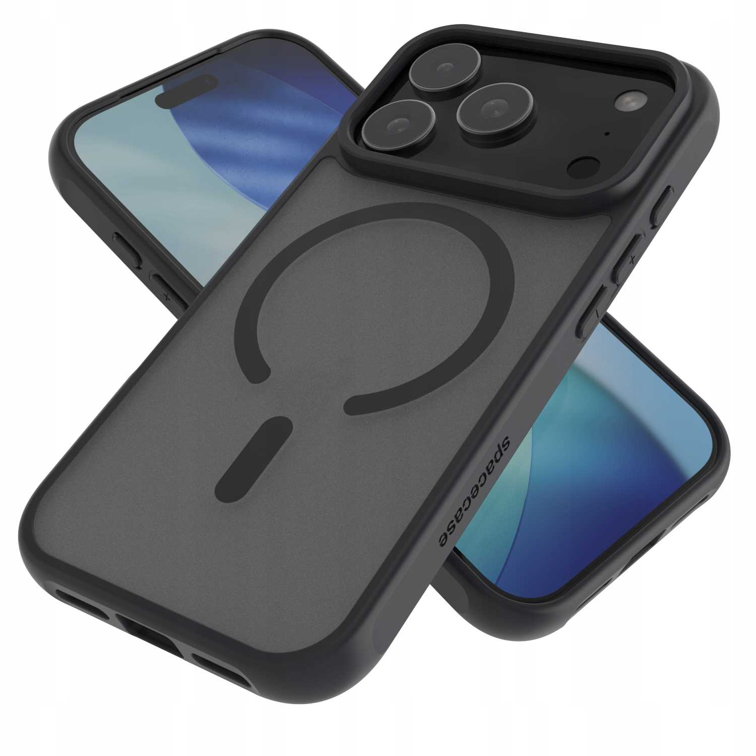 Dwa czarne etui na telefon z telefonem w środku, etui są szare. Górne etui ma magnetyczny pierścień.