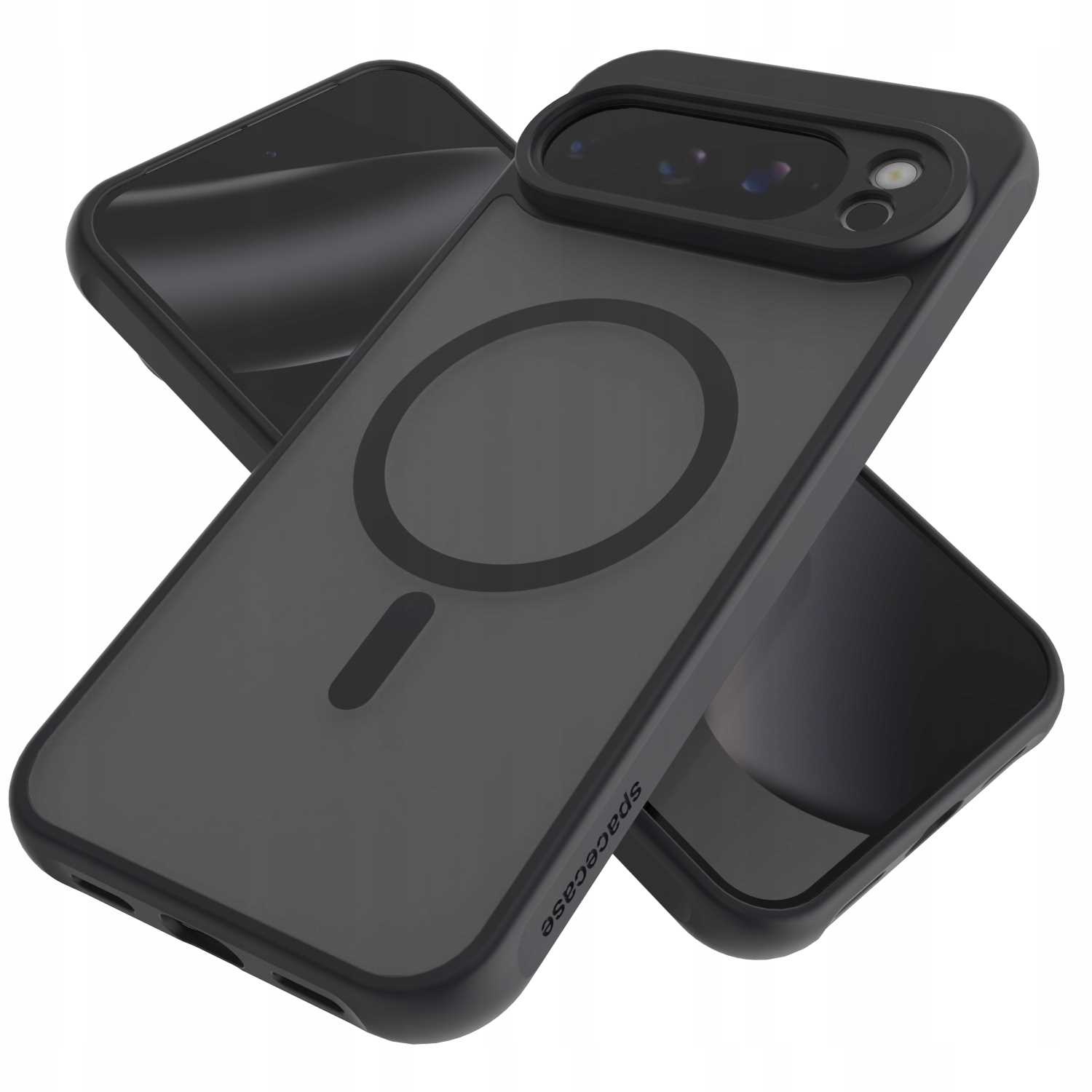 Dwa czarne etui na telefon, jedno na drugim. Górne ma wycięcie na aparat i widoczna jest nazwa marki.