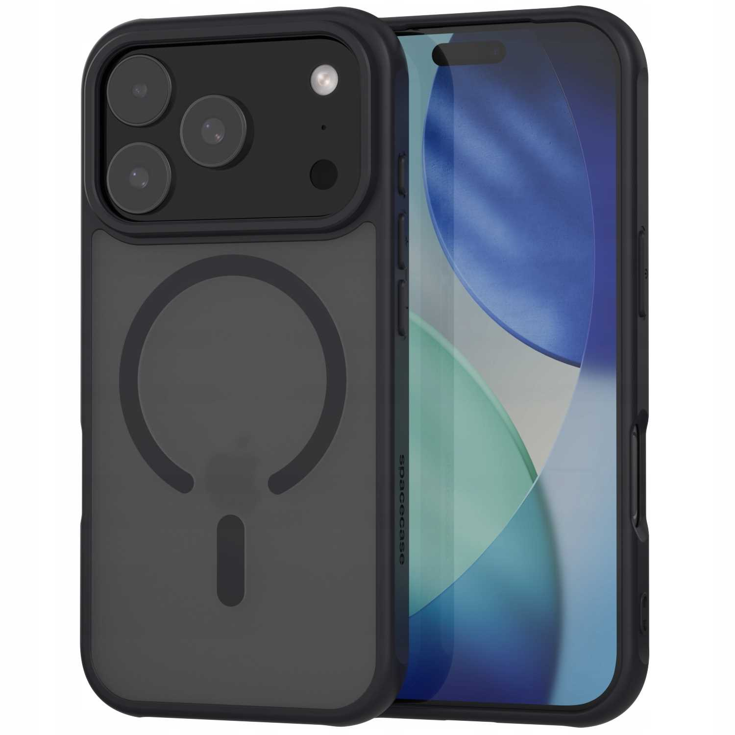 Czarne etui na telefon z magnetycznym designem i wycięciami na aparat. Ekran wyświetla niebiesko-biały obraz.