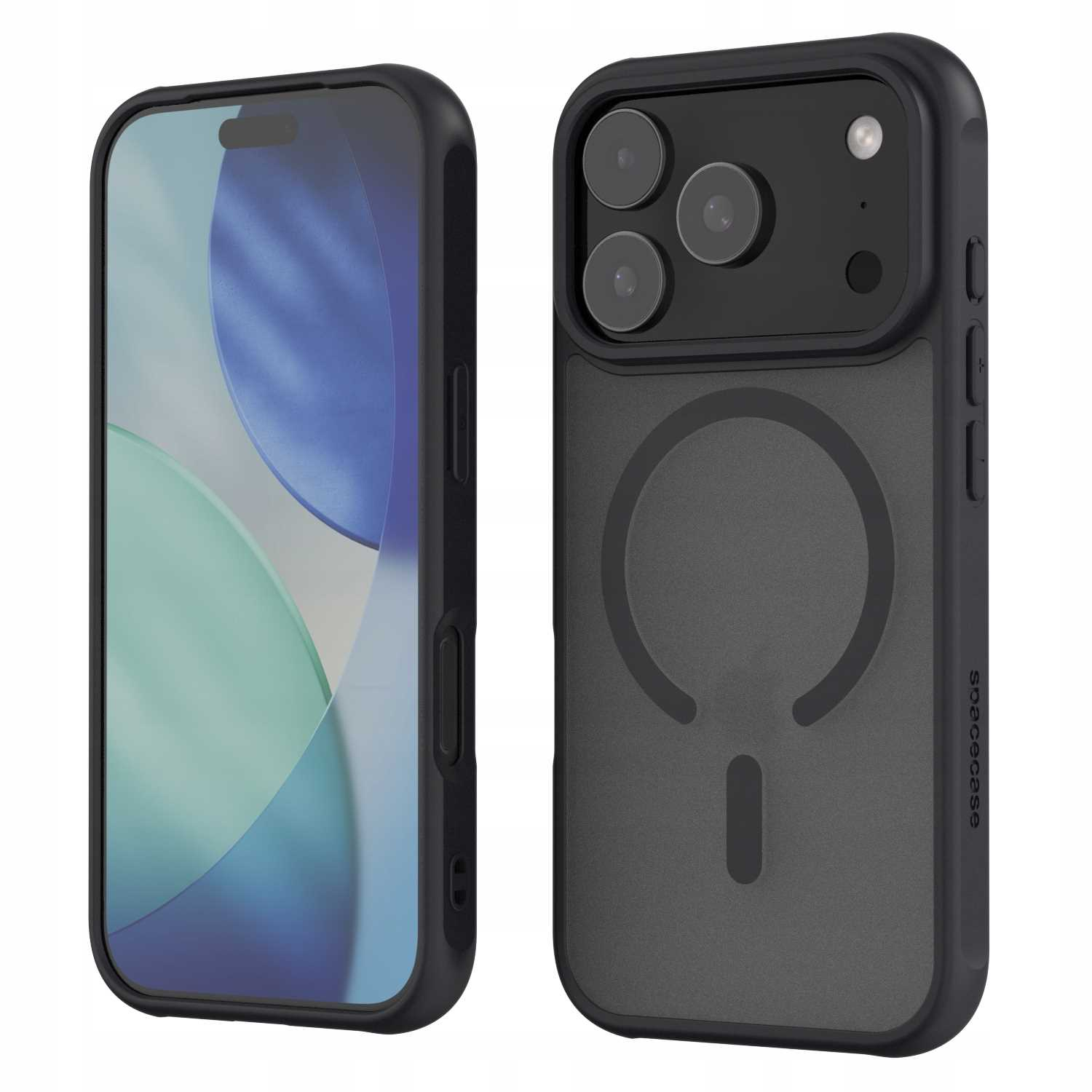 Czarne etui na telefon, z dwiema stronami. Jedna strona pokazuje ekran, druga tył z aparatami i symbolem ładowania.