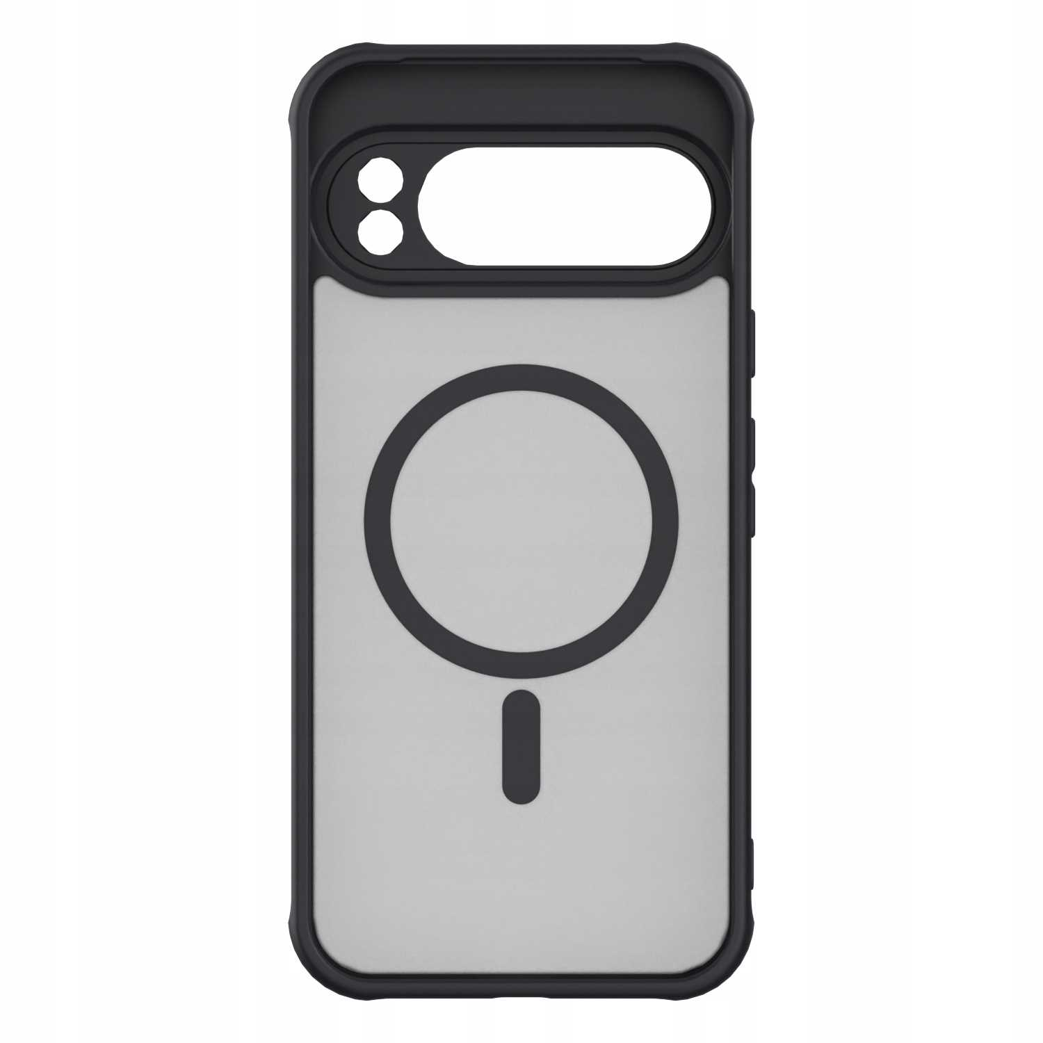 Czarny i przezroczysty futerał na telefon. Ma wycięcie na aparat, koło i kreskę z tyłu.