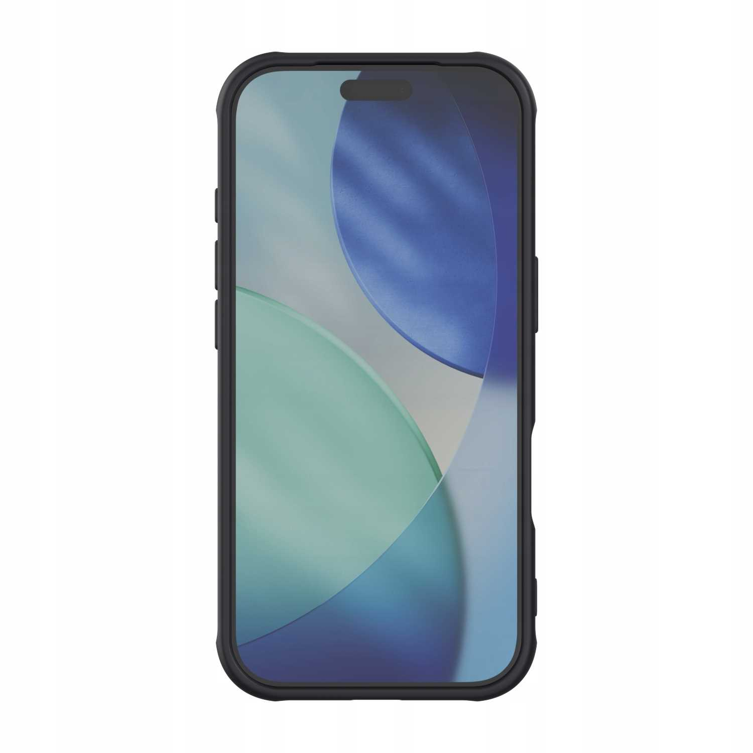 Wyświetlany jest smartfon z czarnym etui. Ekran pokazuje niebieskie, zielone i białe abstrakcyjne kształty. Tło jest białe.